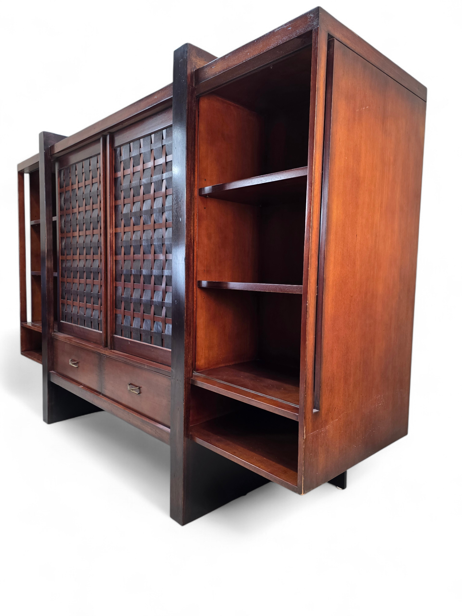 Vintage Modern Mahogany Media Console with Sliding Woven Doors by South Cone