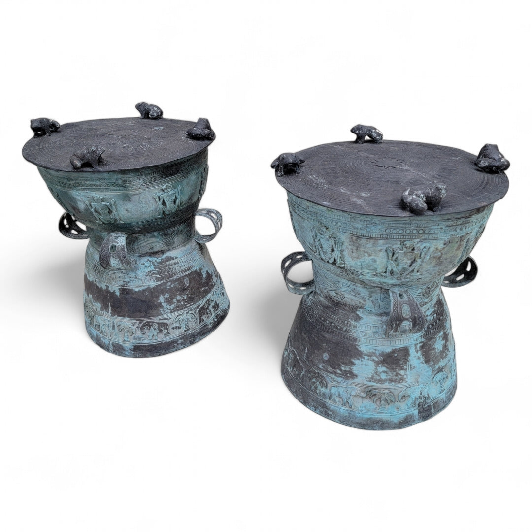 Antique Balinese Hammered Bronze Frog/Rain Drum Side Tables with Patina - Pair