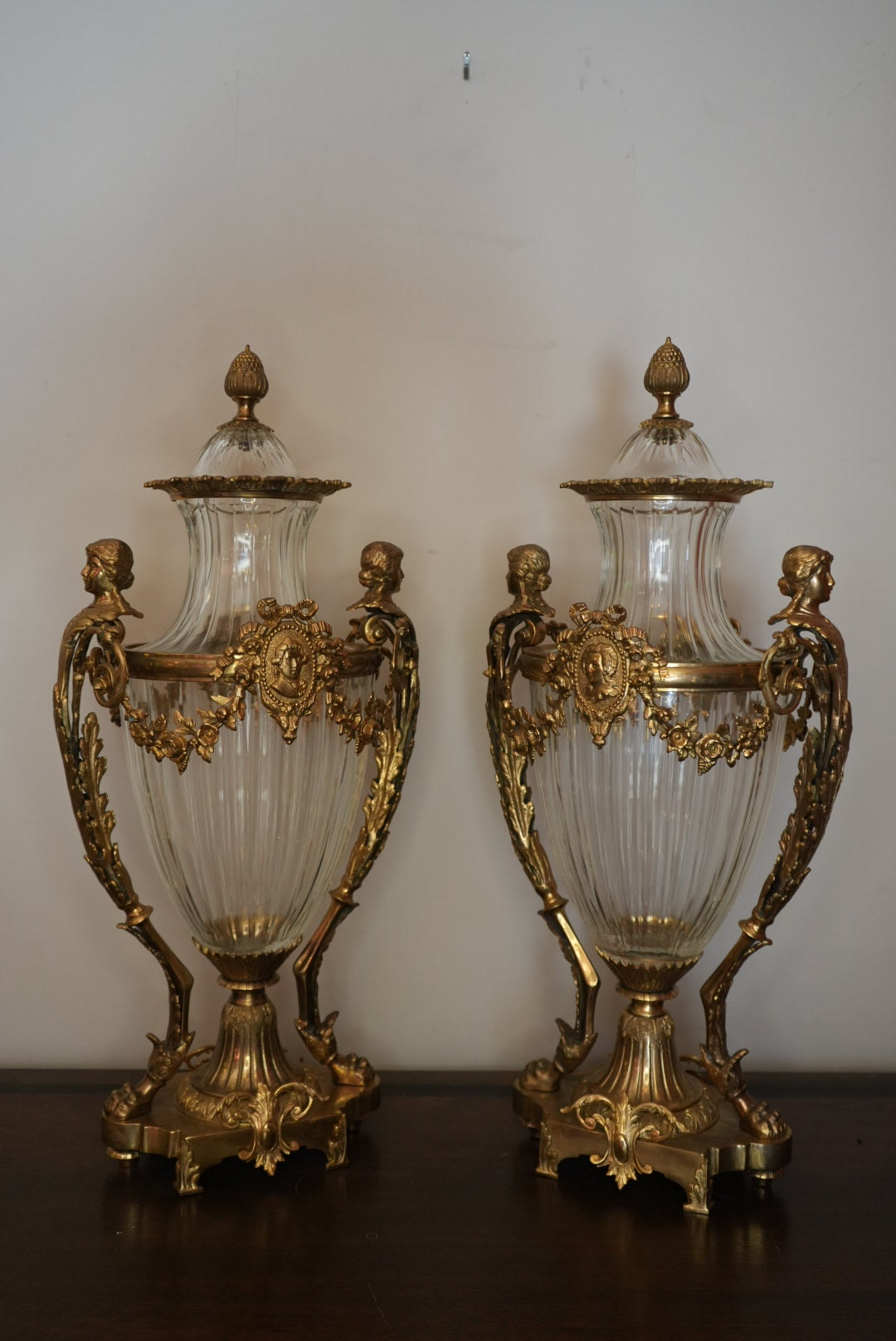 Antique French Diamond Cut Baccarat Crystal Urns - Pair