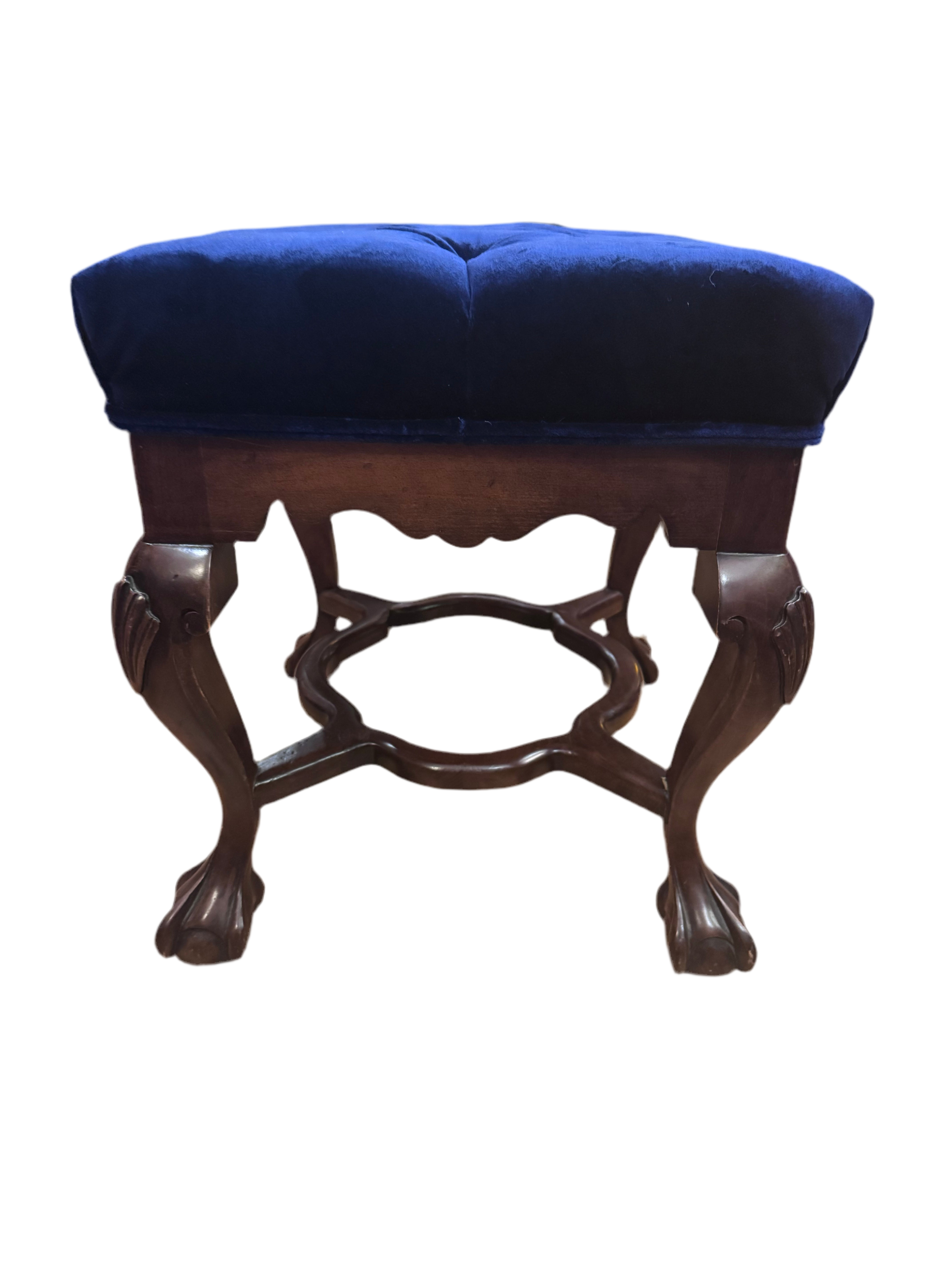 New - Antique Mahogany Chippendale Tufted Ottoman Newly Upholstered in Velvet