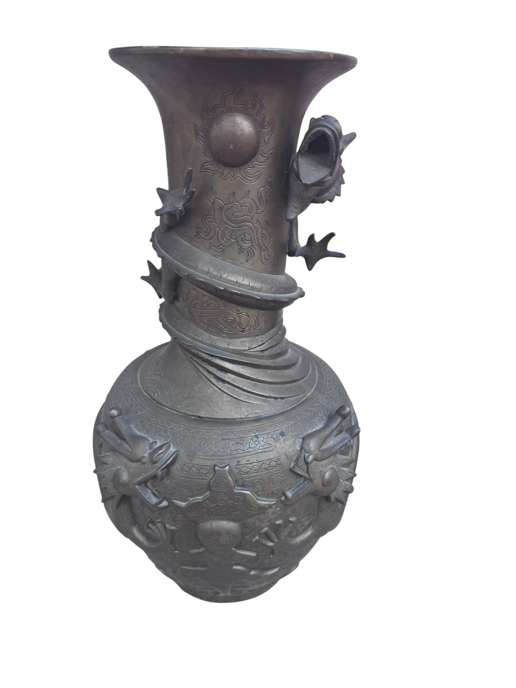 Antique Signed Asian Bronze Dragon Vase - Pair
