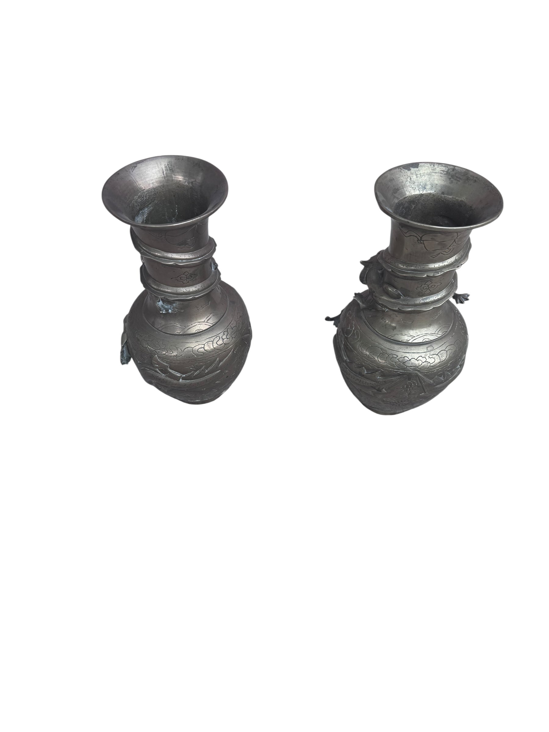 Antique Chinese Bronze Royal Dragons Sculpted Vase - Pair