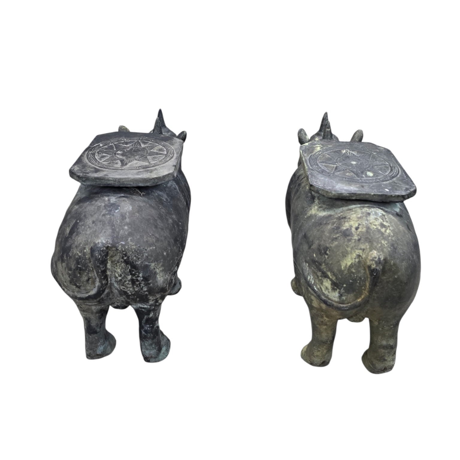 Antique Balinese Hammered Bronze Rhino Plant Stands / Cocktail Tables – Set of 2