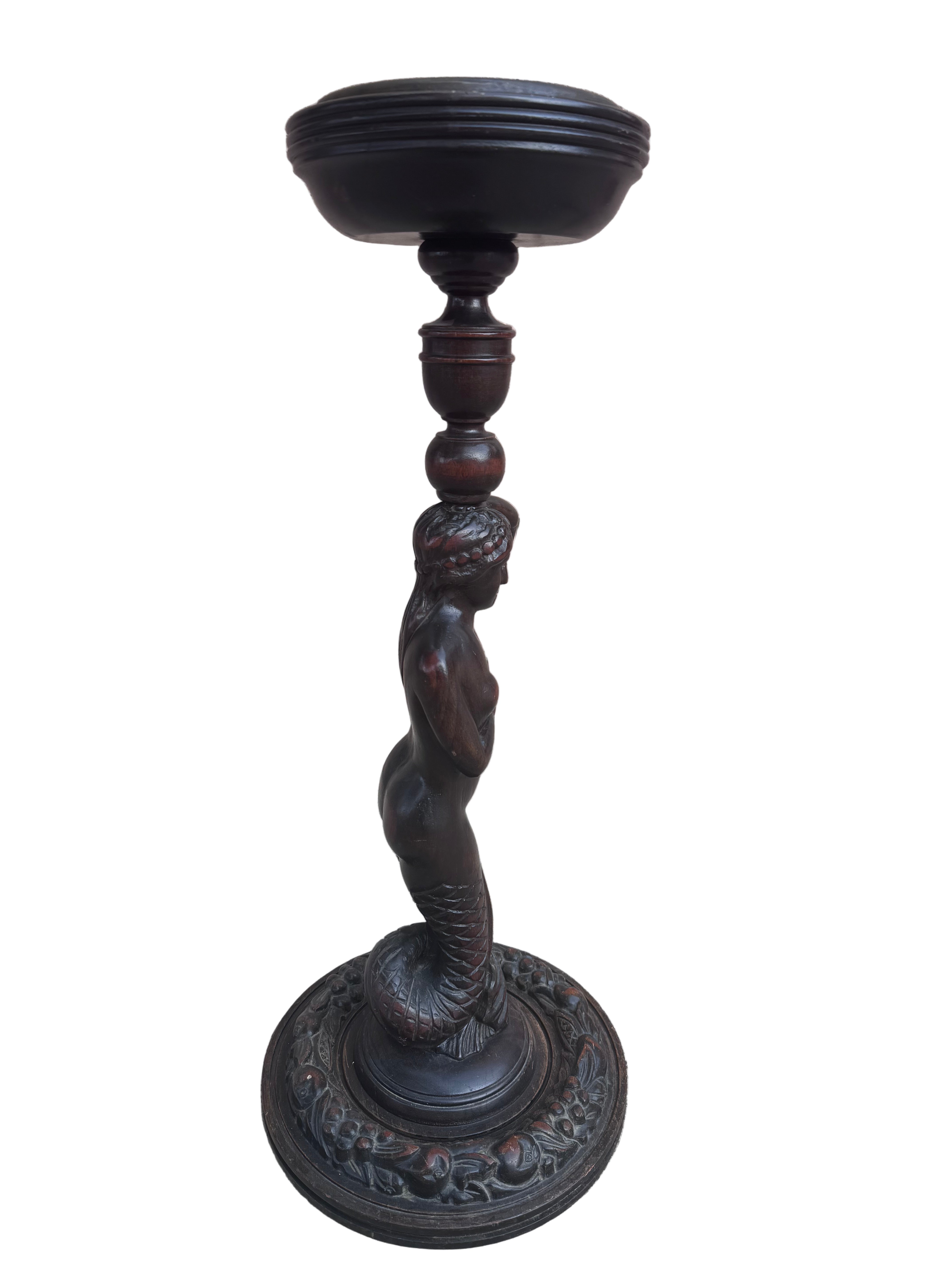 Antique Art Nouveau Style Carved Mahogany Mermaid Foor Ashtray Smoking Stand