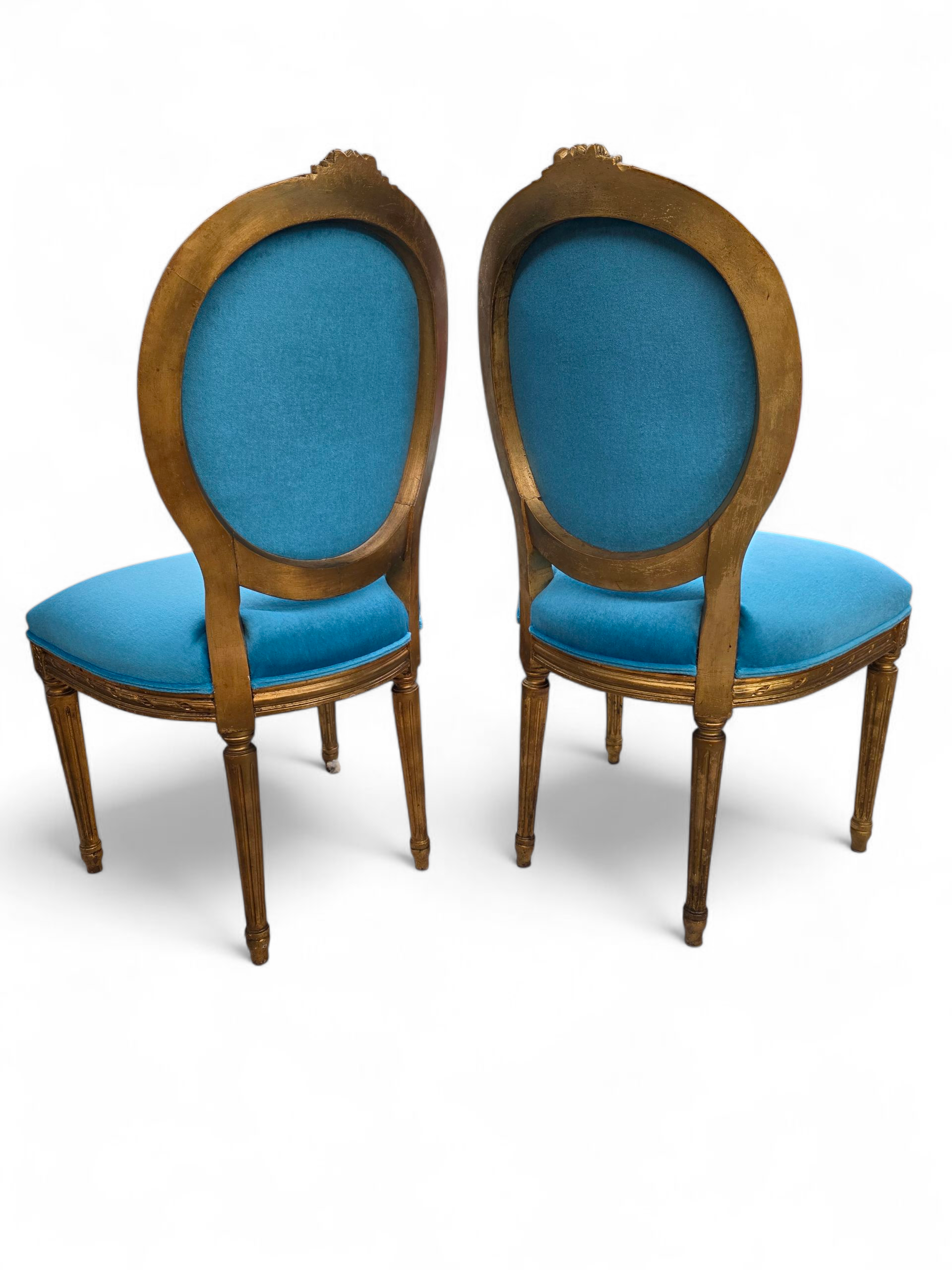 Antique French Louis XVI Style Carved & Gilded Tufted Medallion Back Dining Chairs Newly Reupholstered in a Italian Royal-Teal Mohair - Set of 4&nbsp;