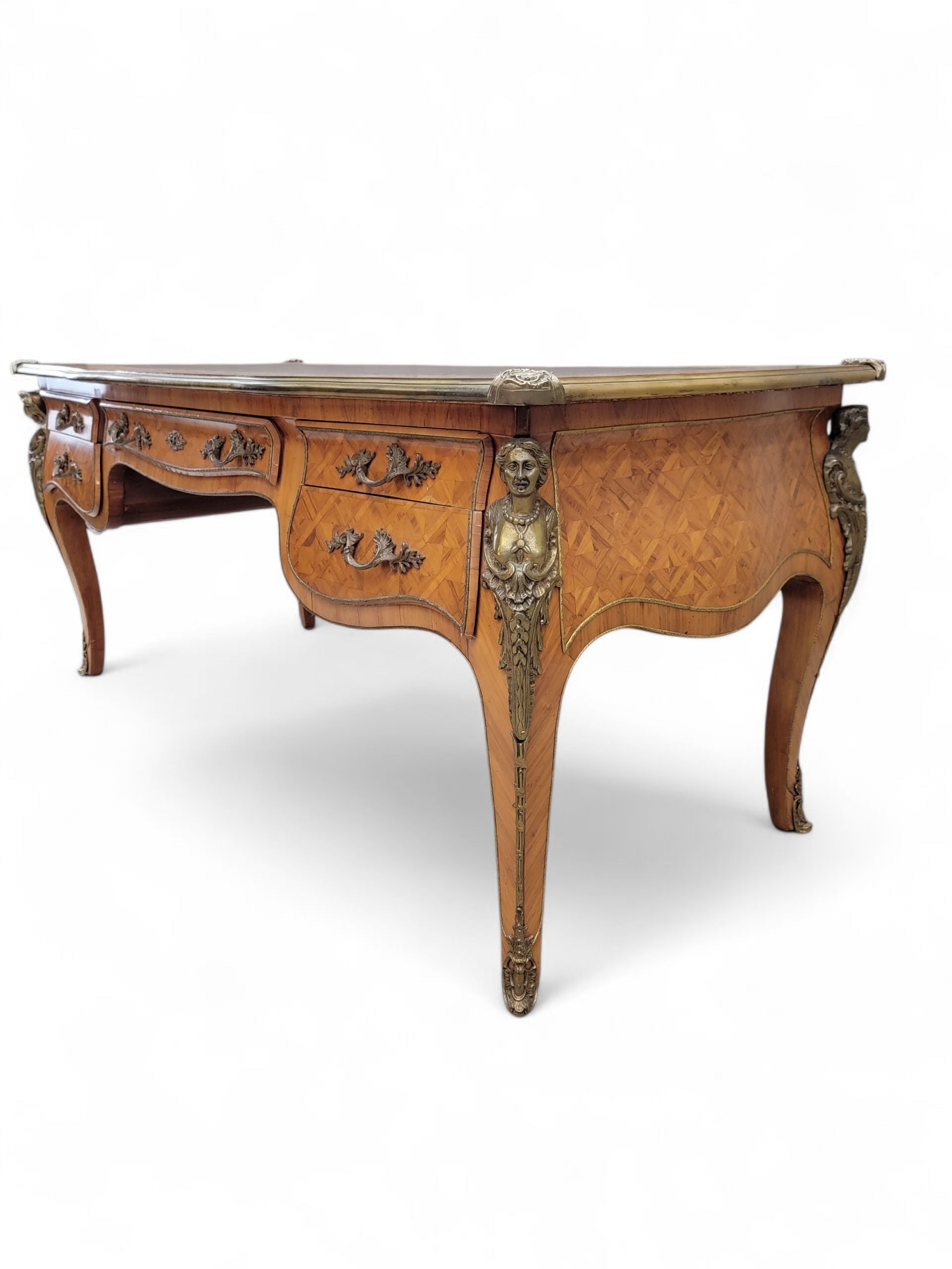 Antique French Satinwood Parquetry Louis XVI Writing Desk, Tooled Leather Top & Ormolu