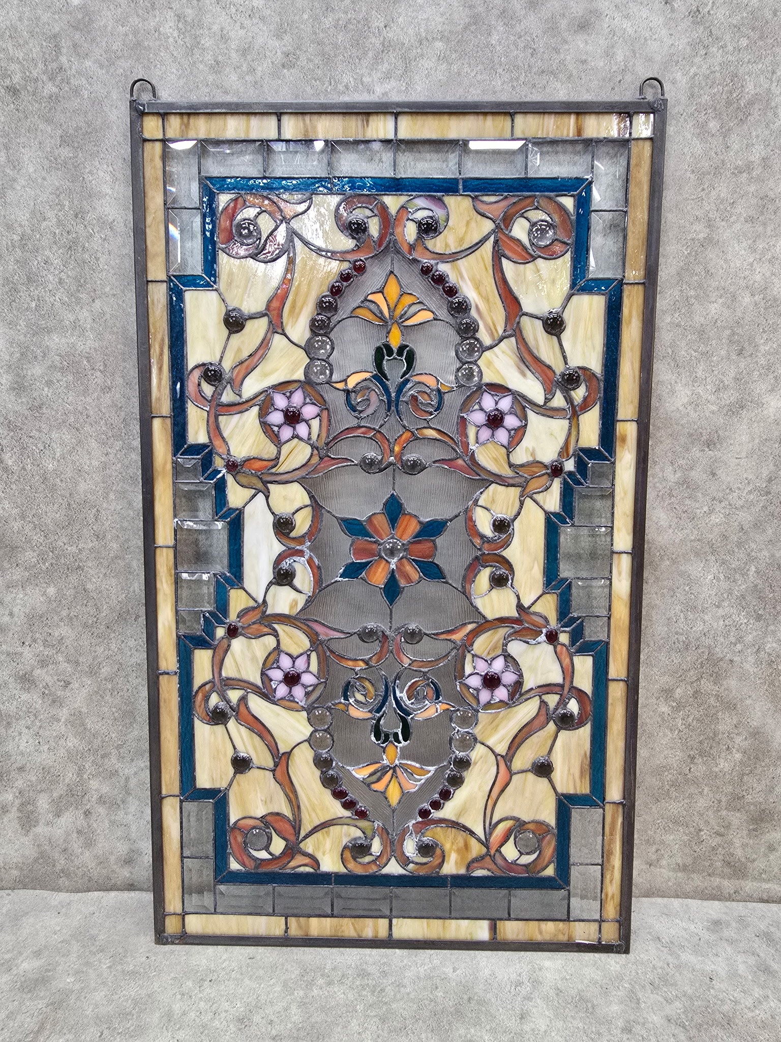 Antique Multi Color Floral Stained Glass Window - Pair