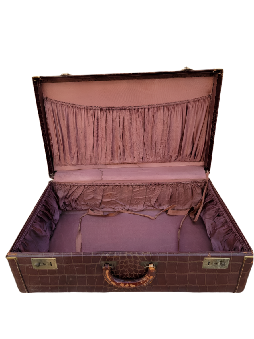 Art Deco Brown Alligator Embossed Leather Suitcase