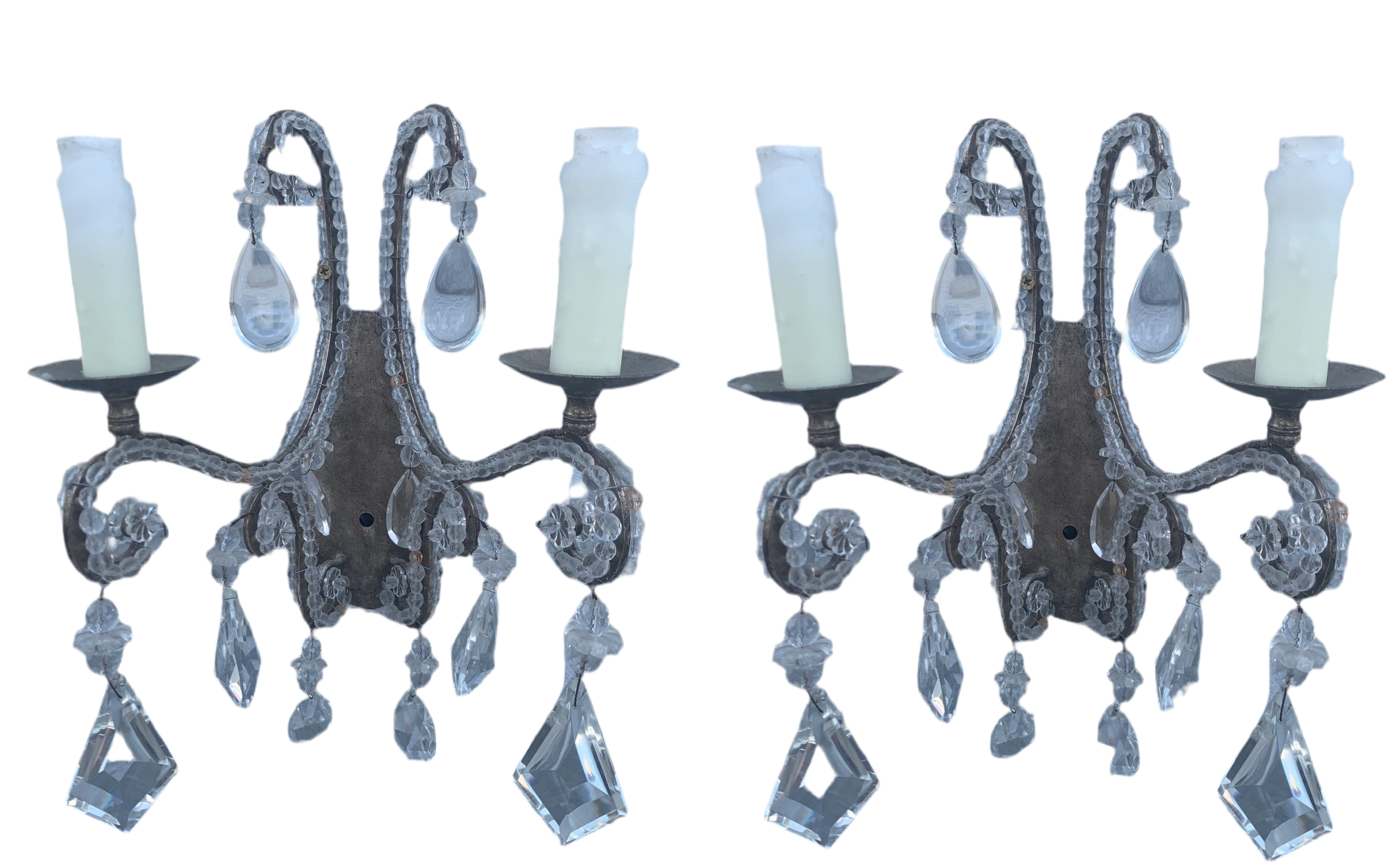 Vintage Louis Style Dennis and Leen Lead Crystal Gold Beaded Sconces - Pair