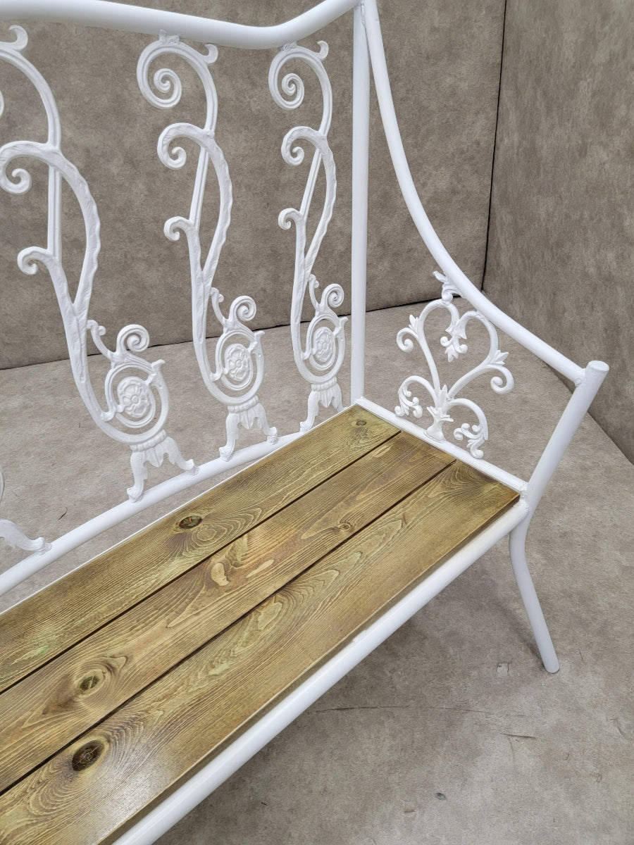 Antique Victorian Colonial Style Hand-Forged White Wrought Iron Restored Cedar Seat Indoor/Outdoor Garden Bench