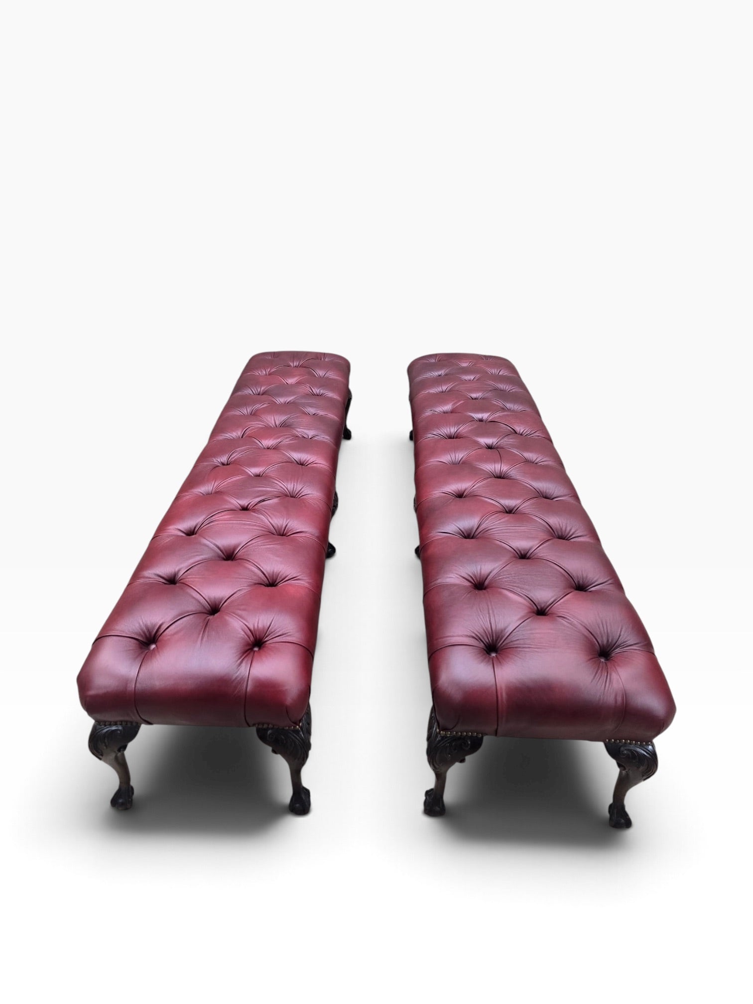 Chippendale Style Carved Mahogany Ball & Claw Six Leg Tufted Hall/Dining Bench Newly Reupholstered in Cabernet Leather - Pair