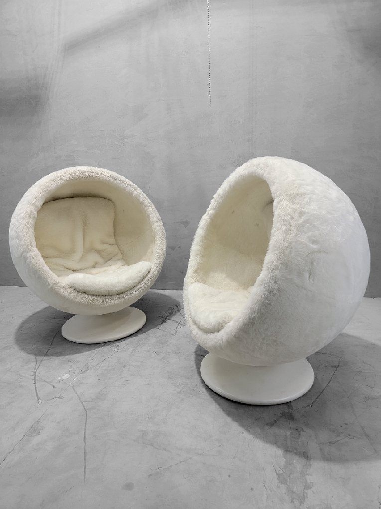 Modern Atomic Space Age Style Orbit Swivel Pod Lounge Chair by RH Teen in a Kashmir White Faux Fur - Pair
