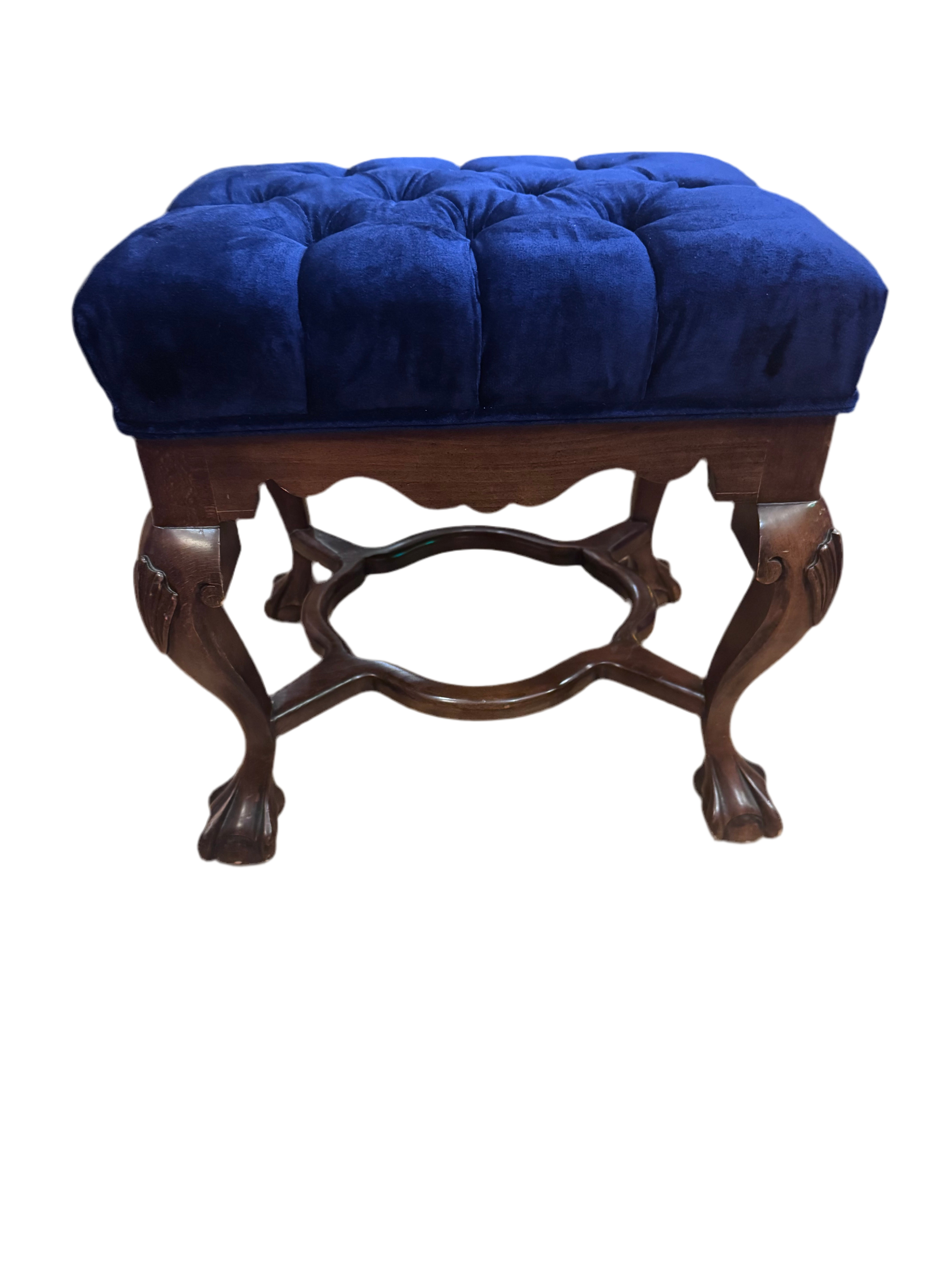 New - Antique Mahogany Chippendale Tufted Ottoman Newly Upholstered in Velvet