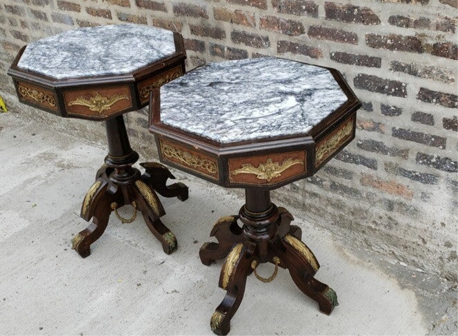 Antique French Regency Ormolu Octagon Inlaid Marble Top Side Tables - Pair