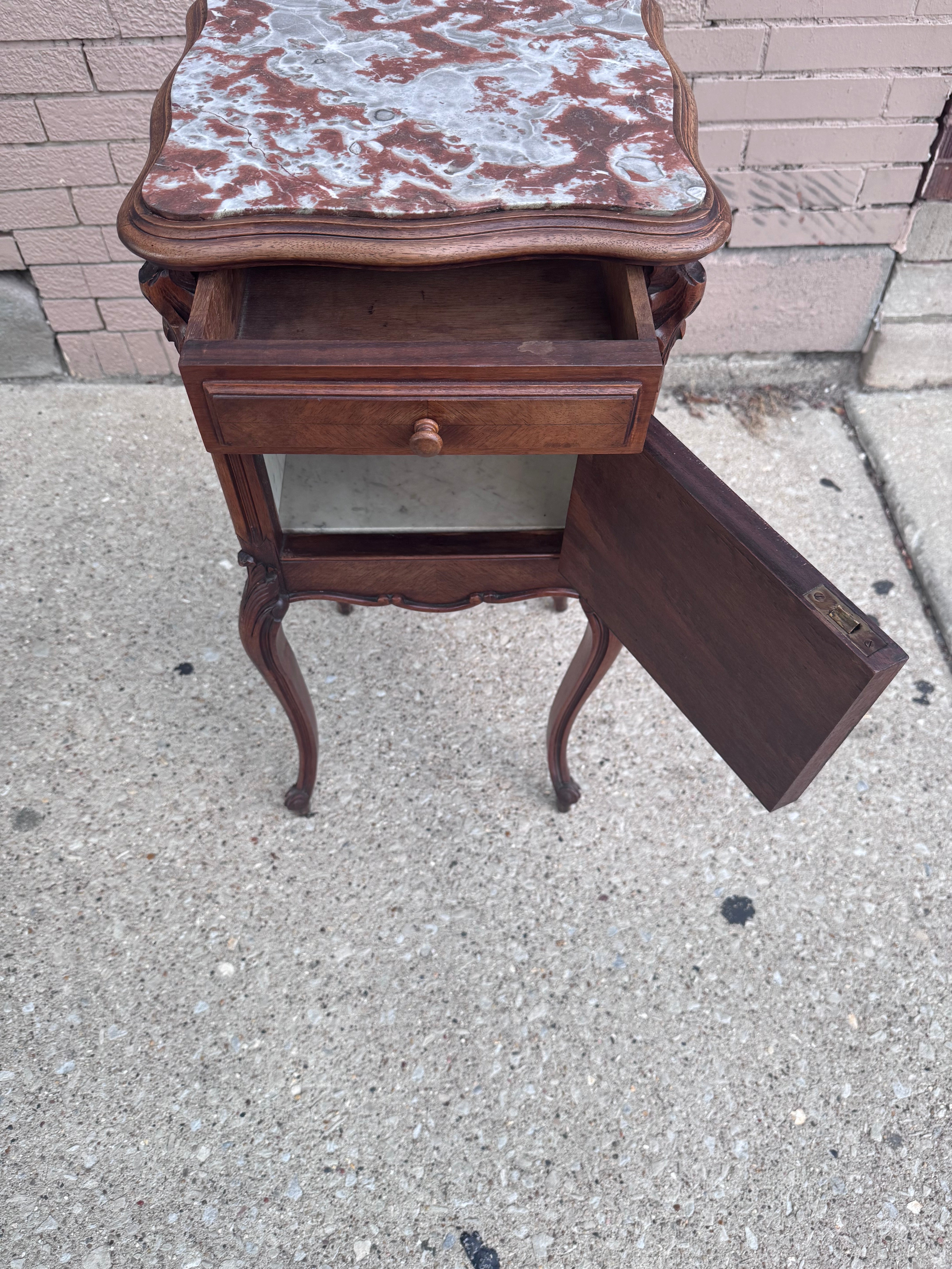 Antique French Louis XV Style Marble Top Smoking Accent Storage Table