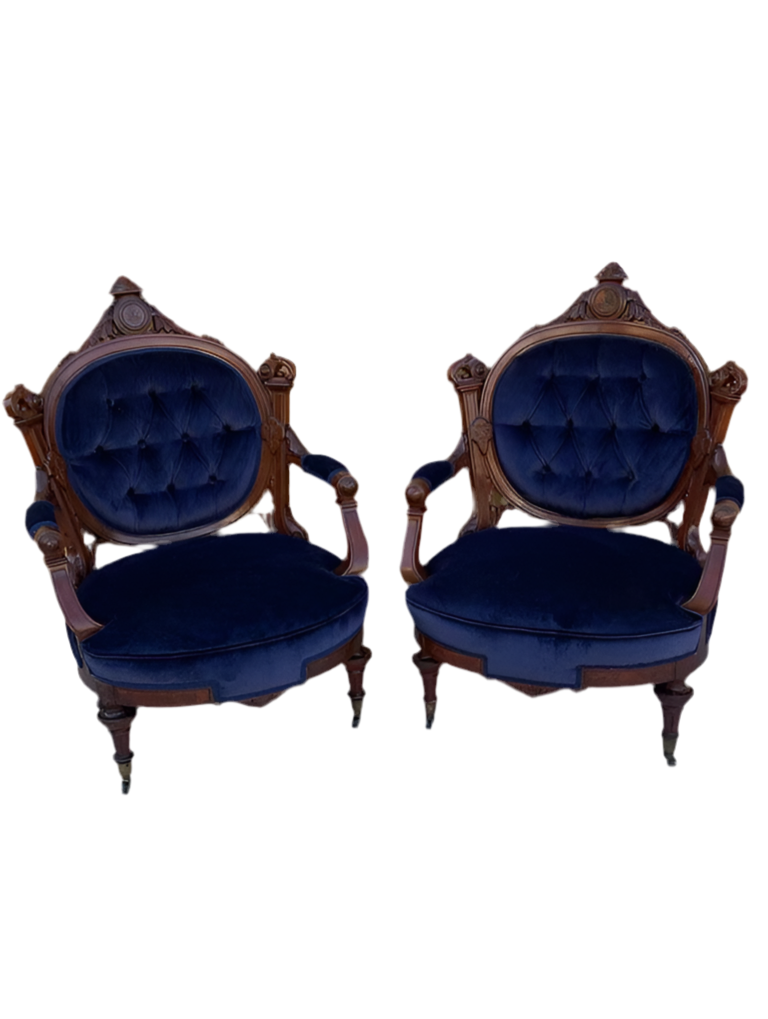 Antique Victorian Eastlake Style Carved Walnut His/Her Tufted Chairs Newly Upholstered in Blue Velvet - Pair