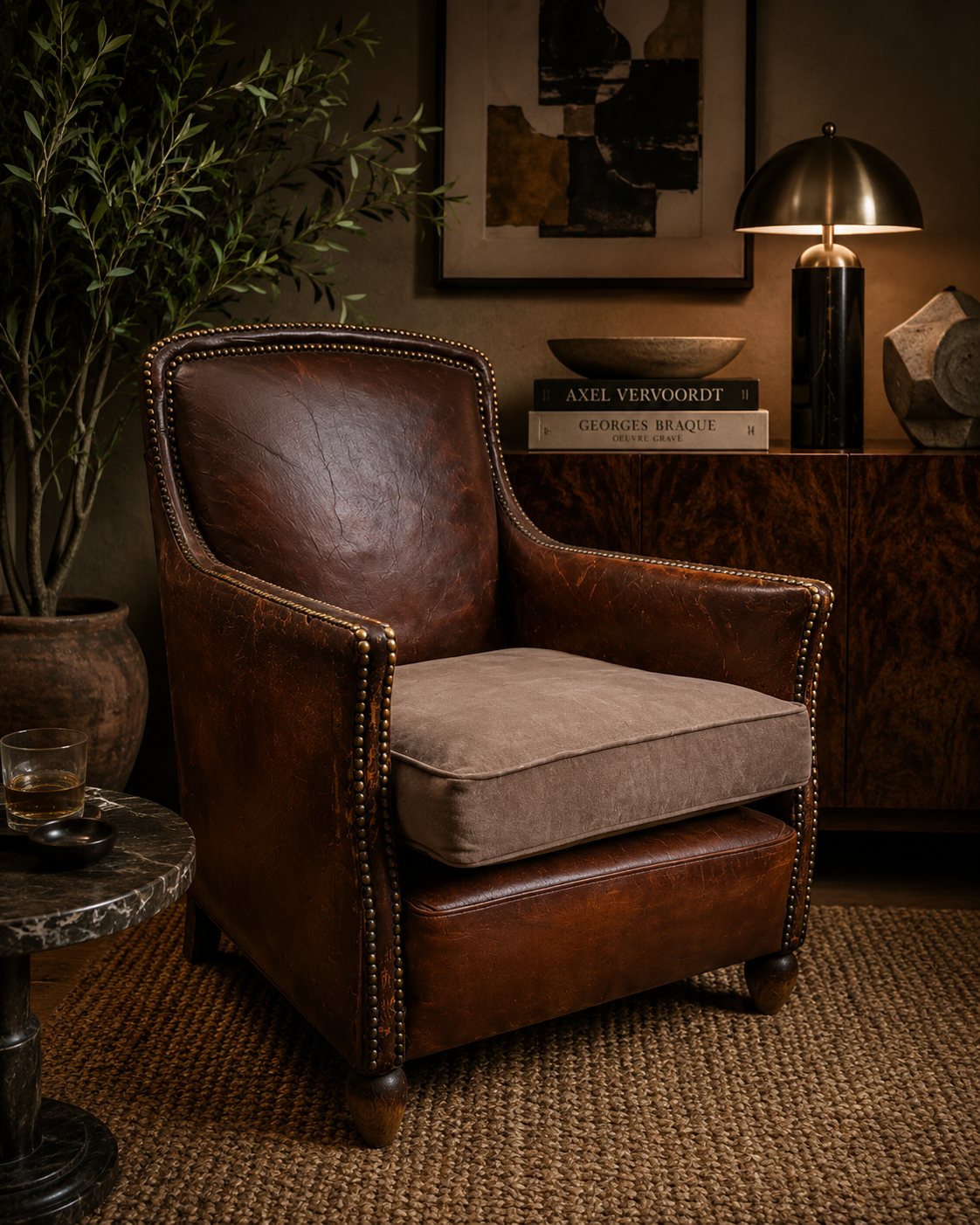 Art Deco French Distressed Leather Lounge Chair