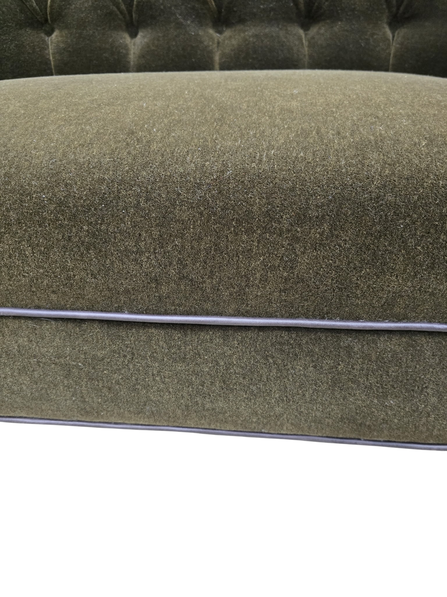 NEW - Hollywood Regency Tufted Barrel Back Loveseats Newly Reupholstered in Dark Chocolate Mohair – Pair