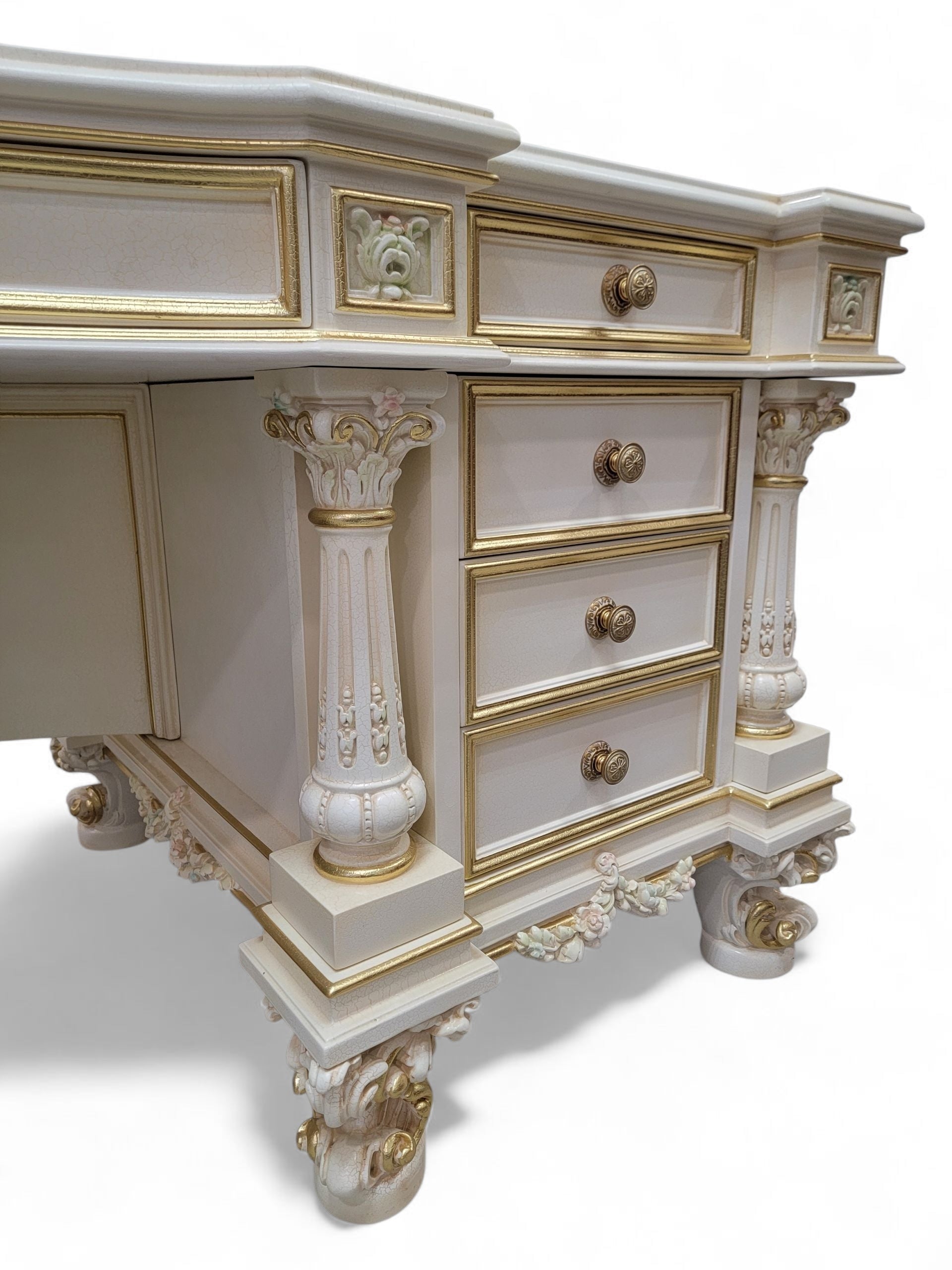 Vintage Custom Venetian Antique Rococo Style Antique White Carved Executive Desk