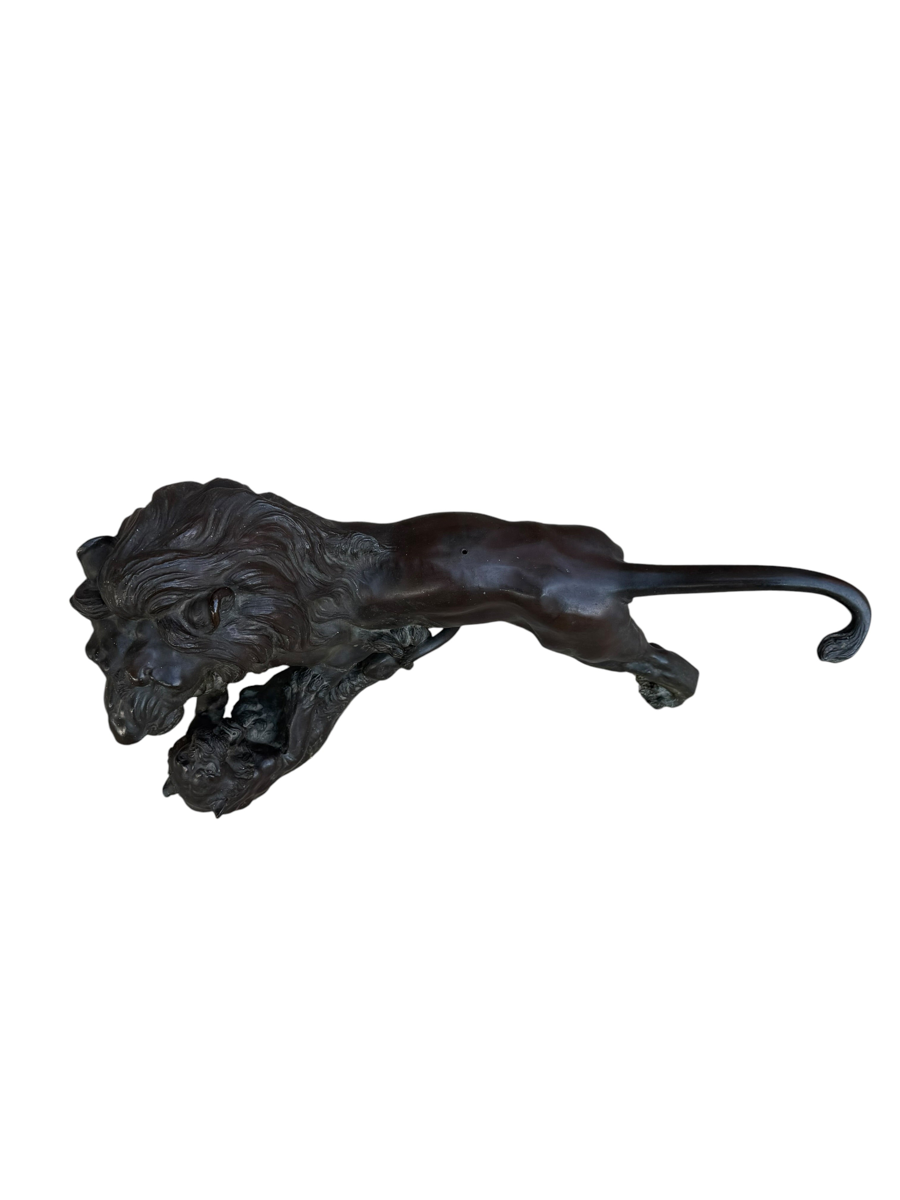 Antique Patinated Bronze Lion and Tiger Animalier Sculpture