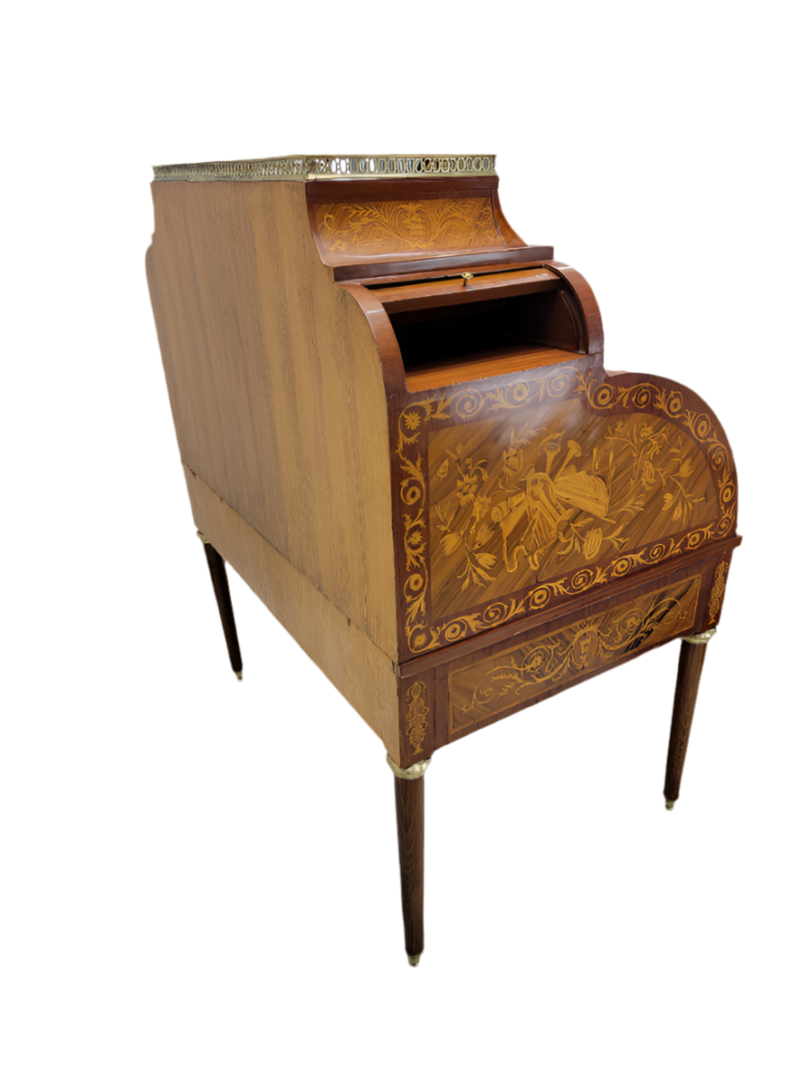 Antique Monumental French Regency Inlaid Brass Mounted Barrel Roll Top Cylinder Desk