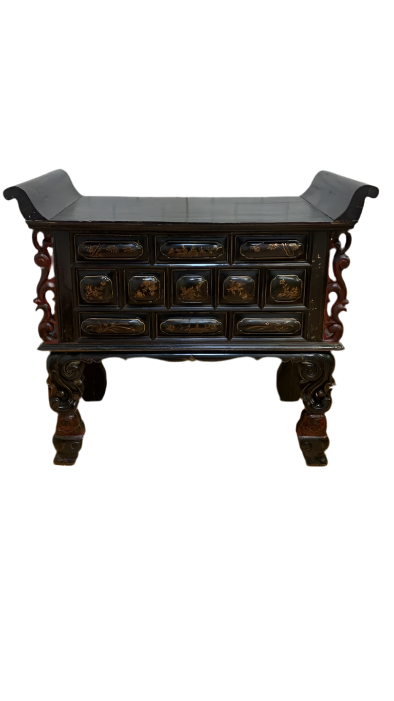 19th Century Chinese Black and Red Lacquered Chinoiserie Altar Storage Chest Table