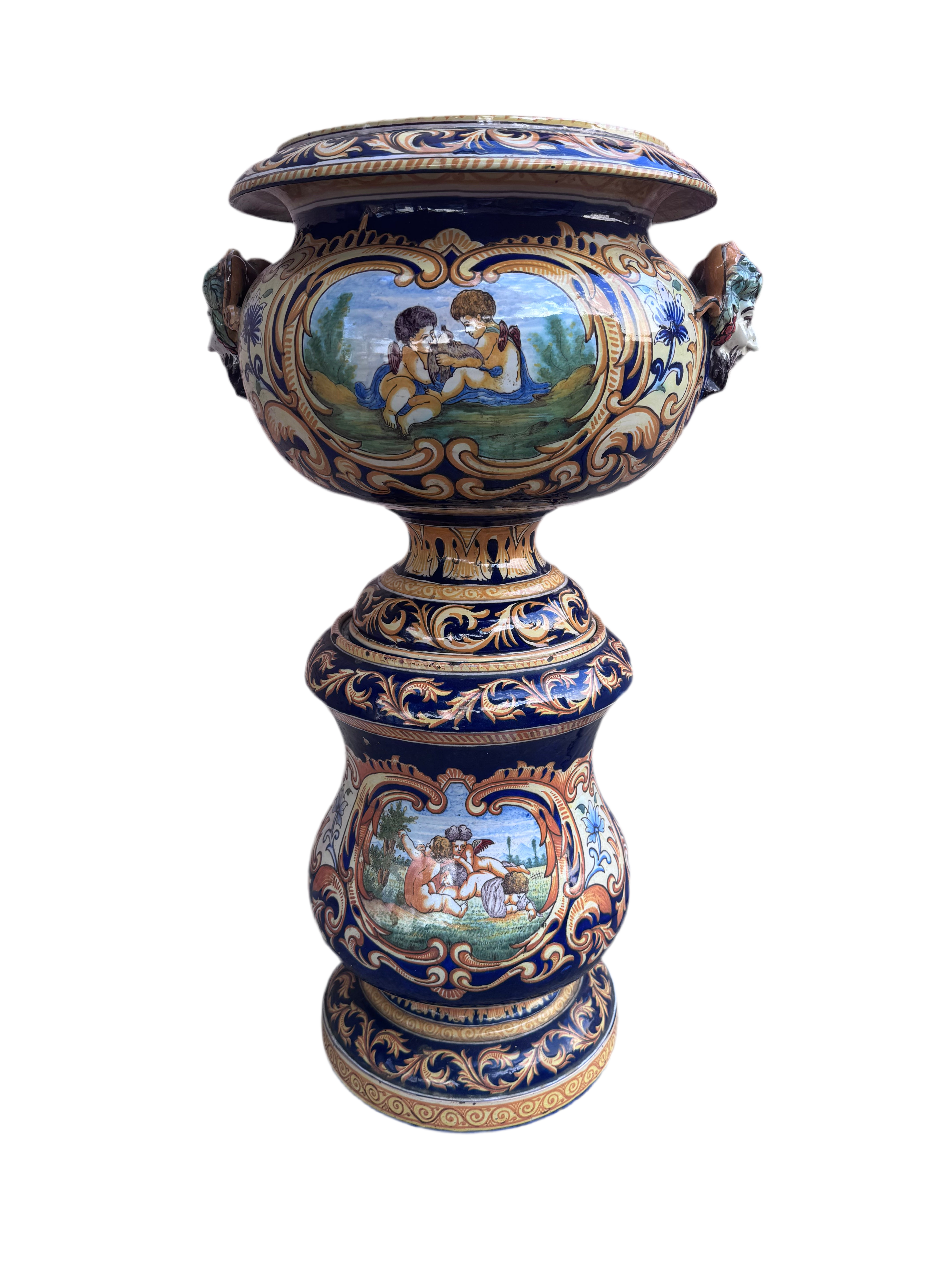 New - Antique French 19th Century Majolica Jardiniere on Stand