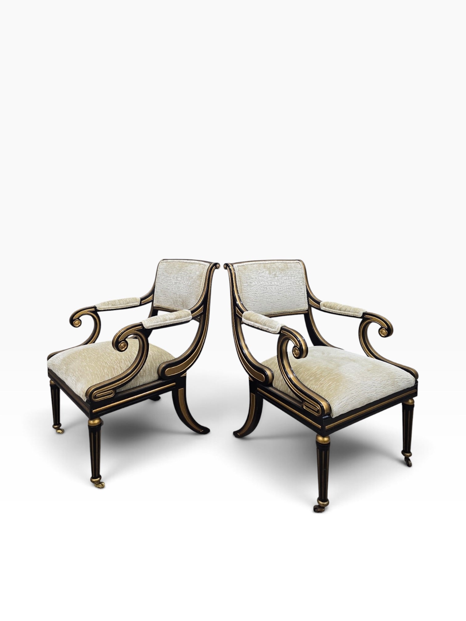Regency Style Ebonized Armchairs by Baker Newly Reupholstered in a Gold Chenille Fabric - Pair