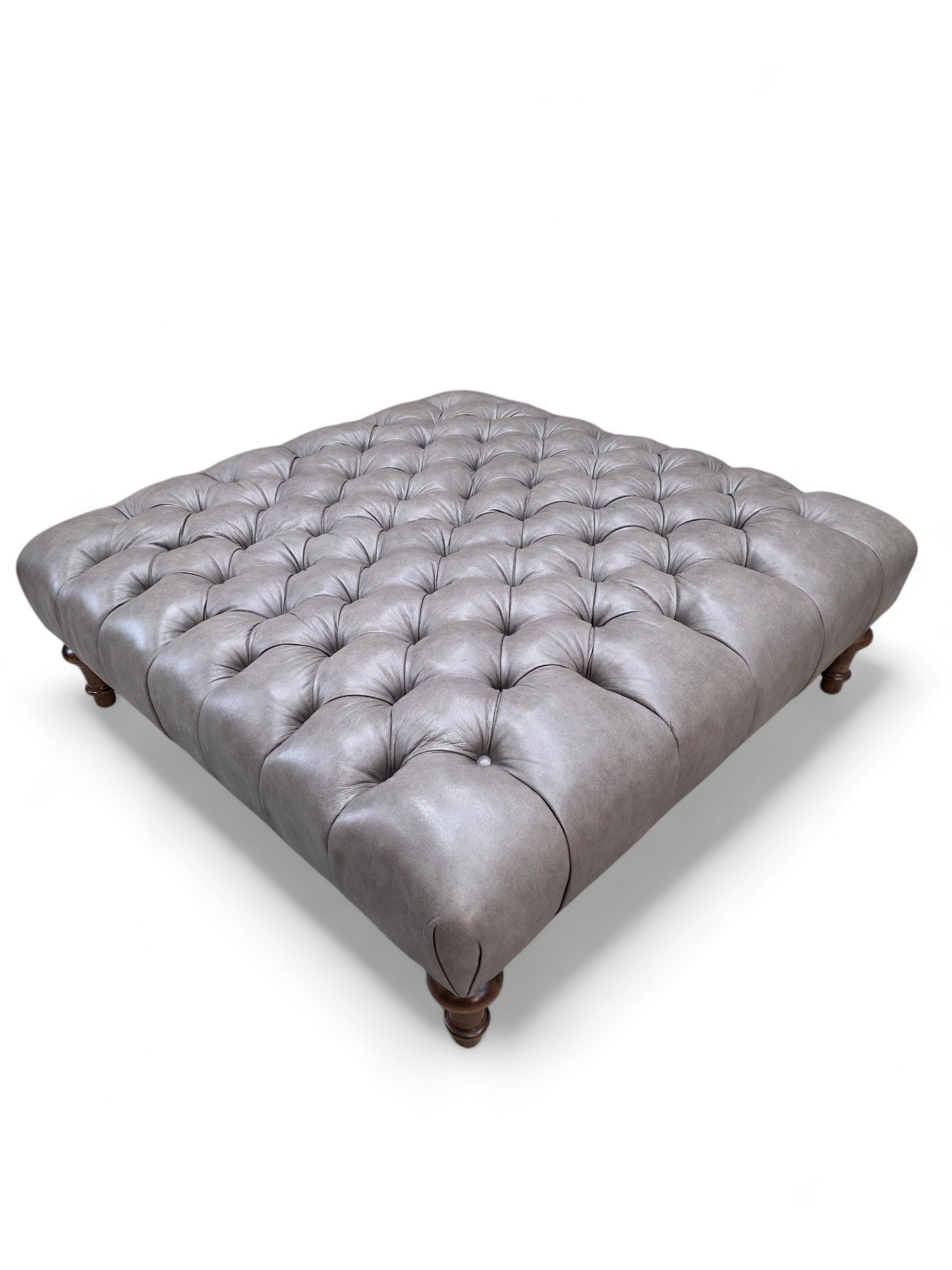 Vintage Chesterfield Style Tufted Gray Leather Ottoman