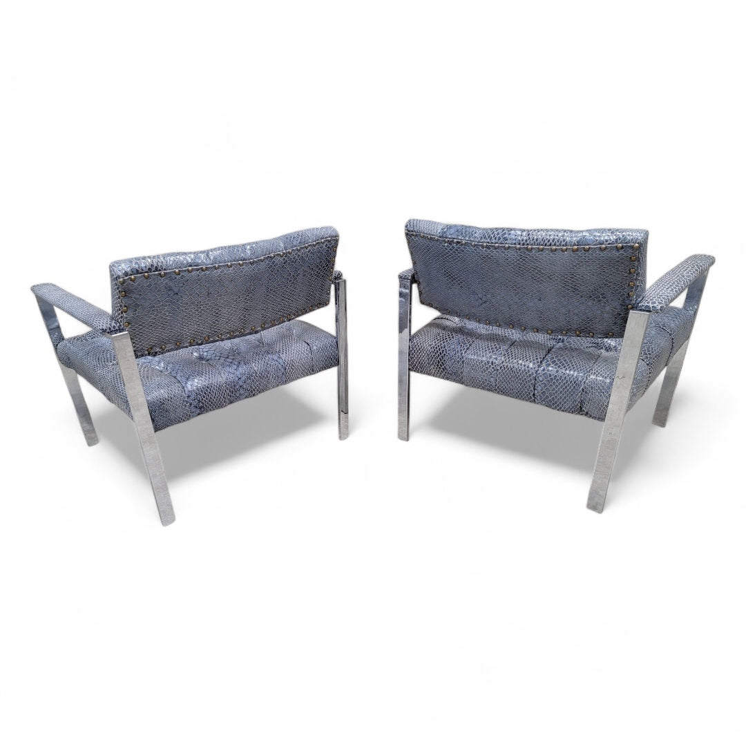 Mid Century Modern Milo Baughman Style Chrome Button Tufted Lounge Chairs Newly Upholstered in Leather - Pair