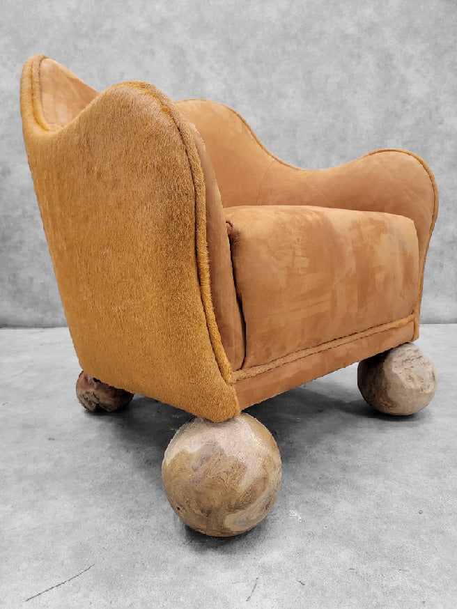 Vintage Rustic Contemporary Sculptural Club Chairs Newly Upholstered in Suede and Cowhide - Pair