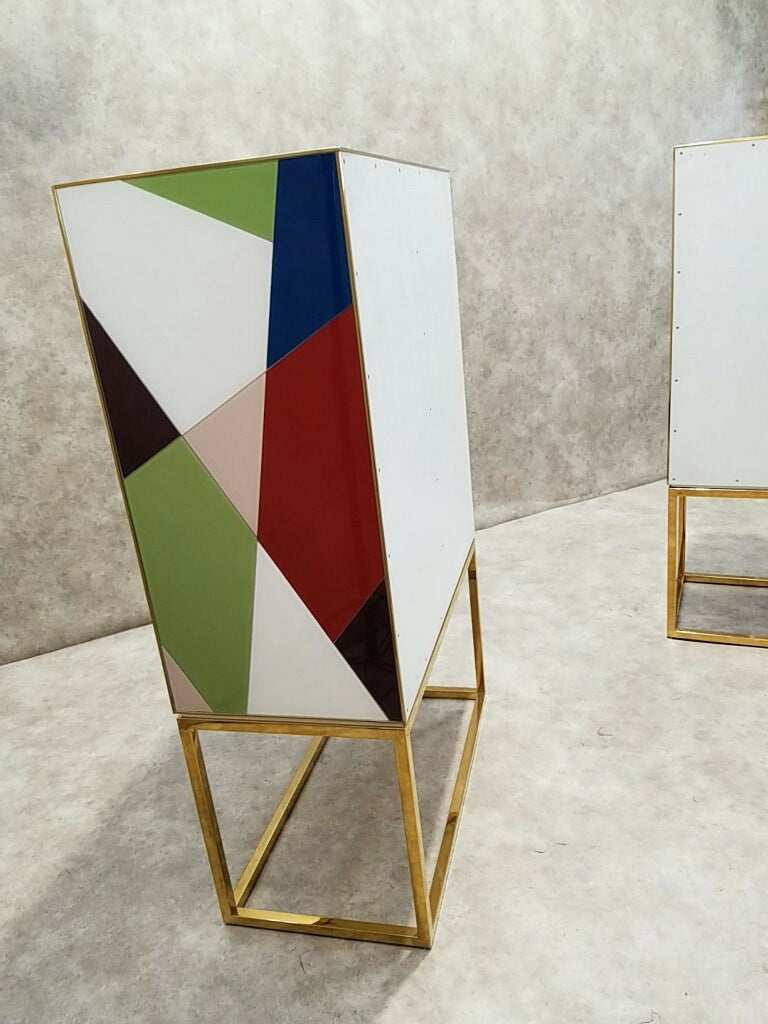Torino Reverse-Painted Glass and Brass 2 Door Dry Bar Cabinet by Jonathan Adler - Pair