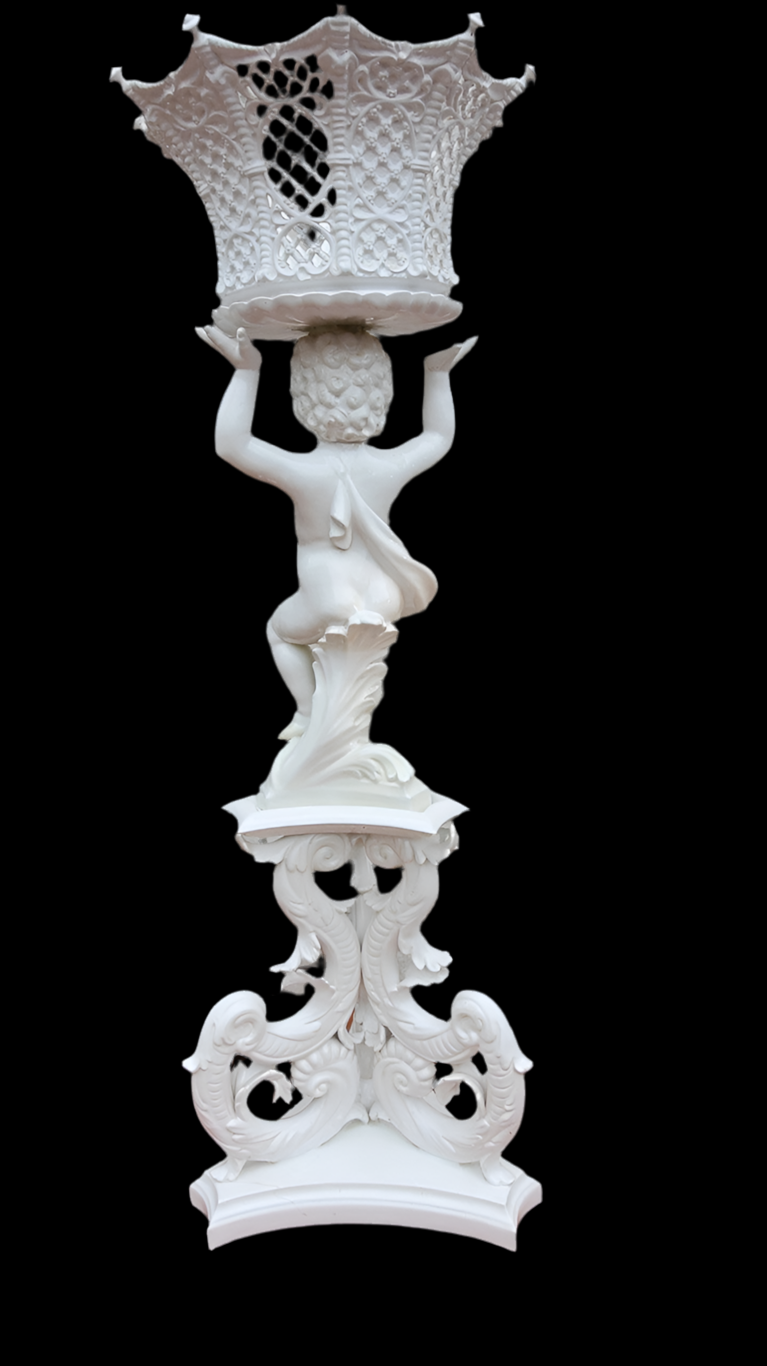 Antique Italian Rococo Style White Capodimonte-Style Cherub Putti Figural Plant Stand / Pedestal Sculpture