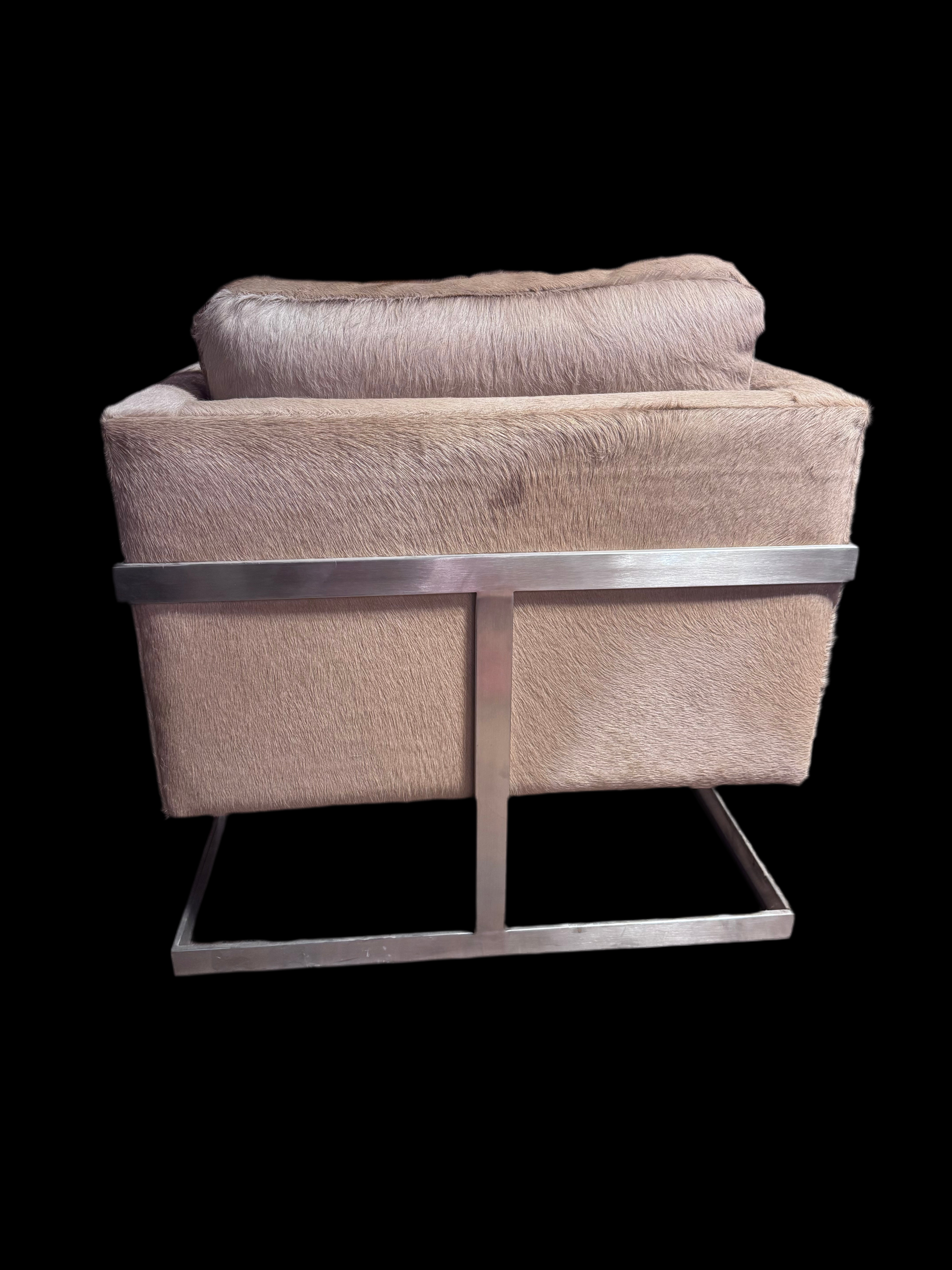 Mid Century Modern Milo Baughman T-Back Floating Cube Chair Newly Reupholstered in Cowhide