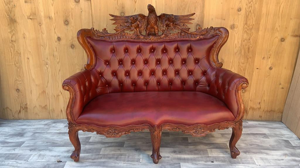 Antique Federal Style Carved Ornate Tufted Parlor Set Newly Upholstered in a Cabernet Leather - 4 Piece Set