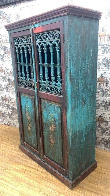 Antique German Hand Painted 2-Door with Forged Iron Cabinet