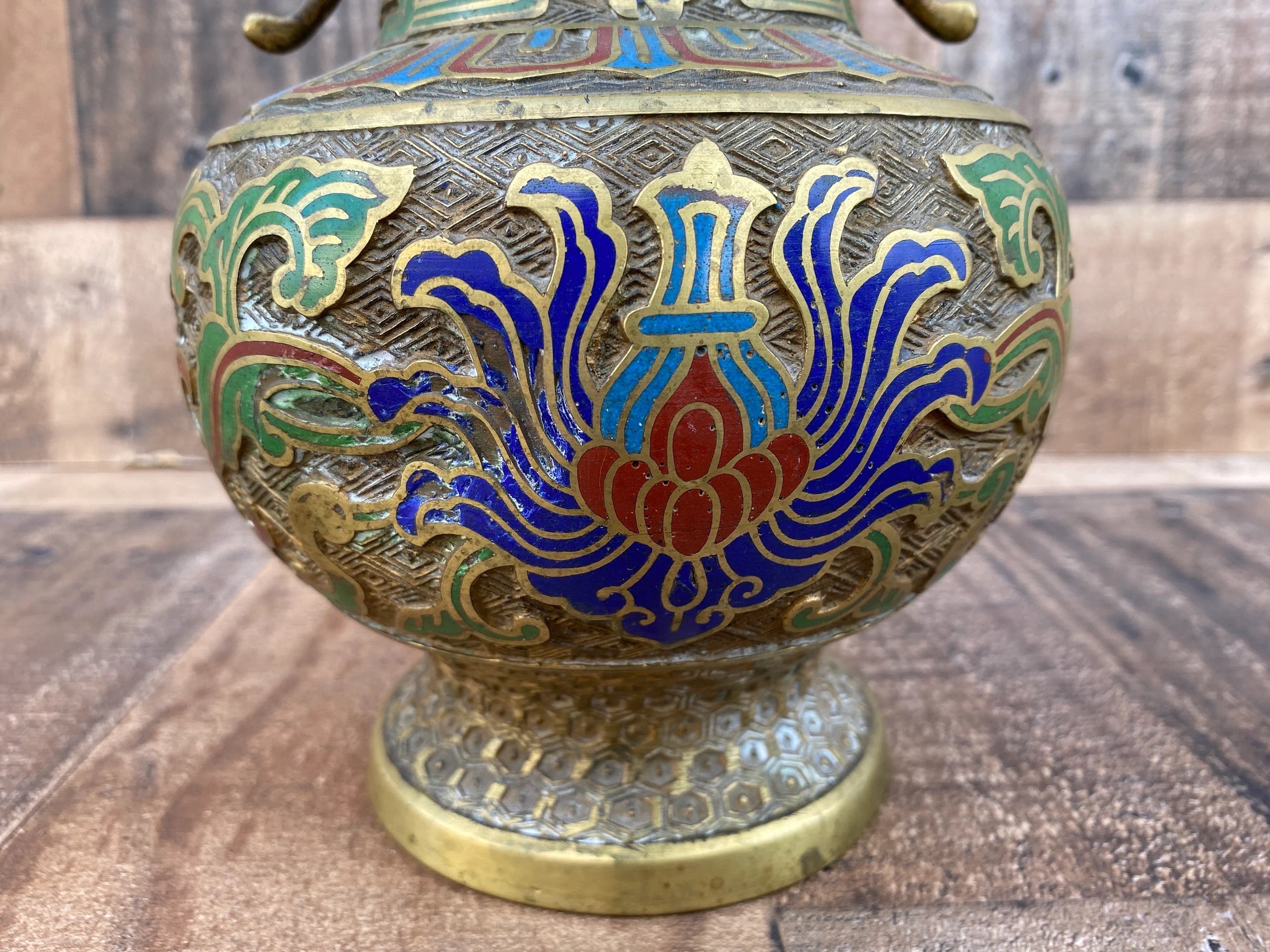 Antique Japanese Bronze Cloisonné/Champleve Vase Urn