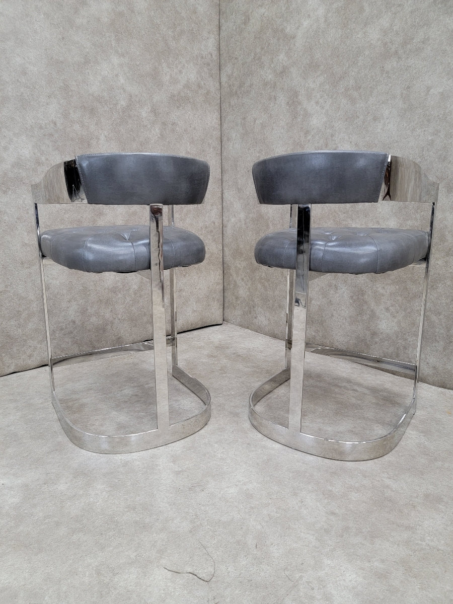 Vintage Modern Chrome Curved Back Tufted Bar Stools in Steel Grey Italian Leather - Pair