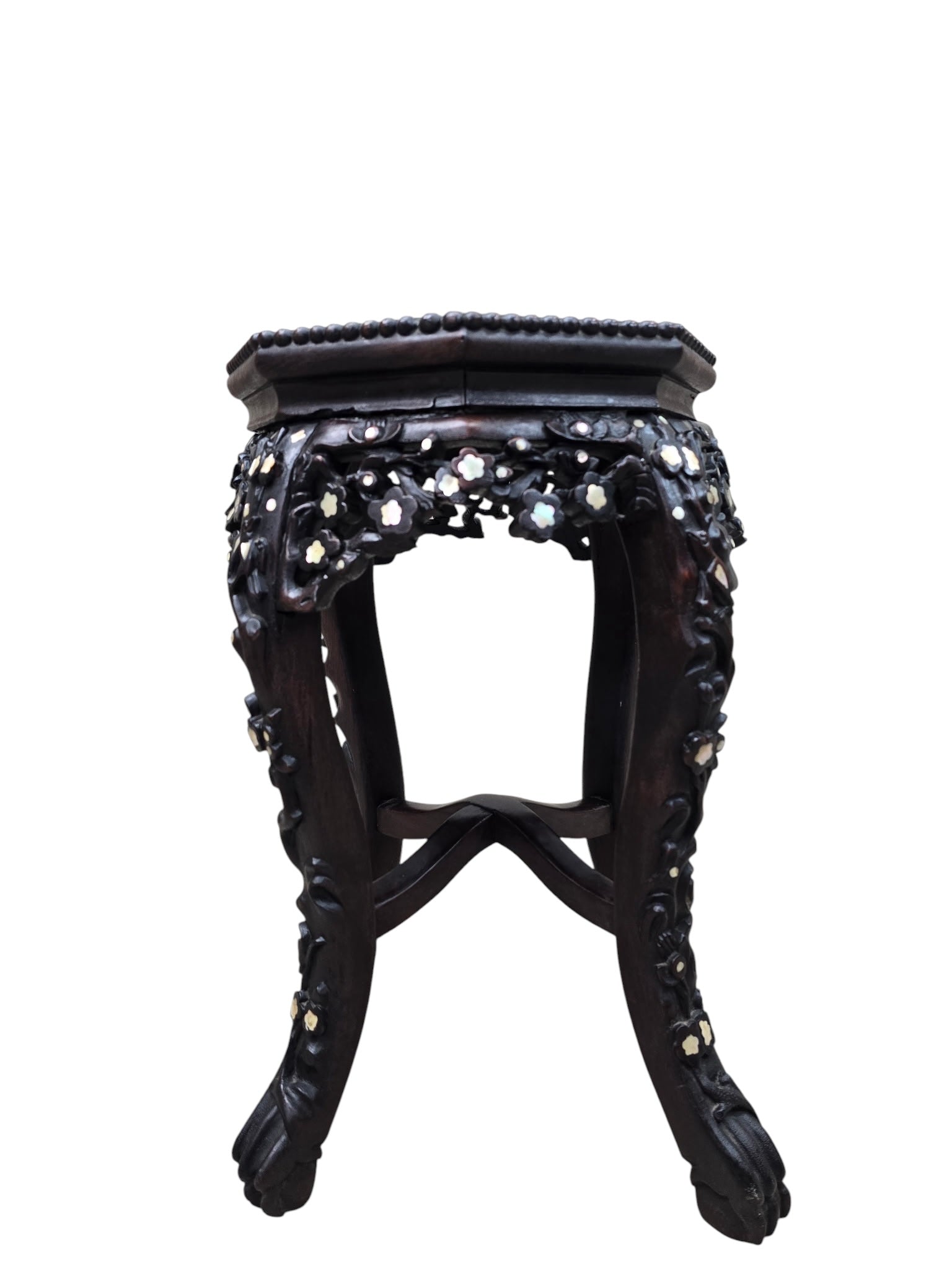 Antique Chinese Carved Hardwood Side Table with Marble Insert & Mother-of-Pearl Inlay