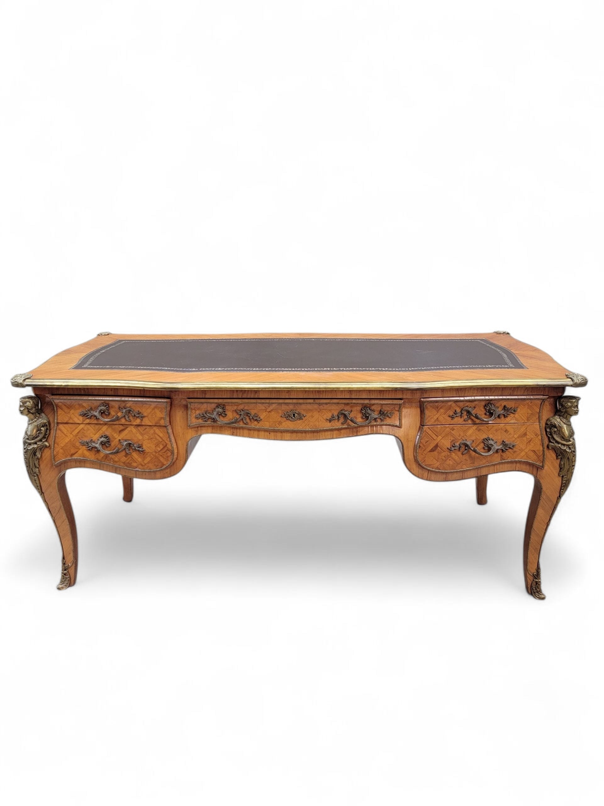 Antique French Satinwood Parquetry Louis XVI Writing Desk, Tooled Leather Top & Ormolu