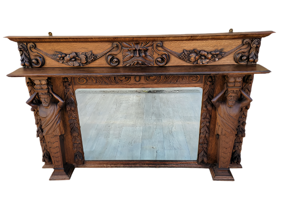 Antique Neoclassical Hand Carved Figural and Foliate Quarter-Sawn Fireplace Mantel Beveled Mirror Topper