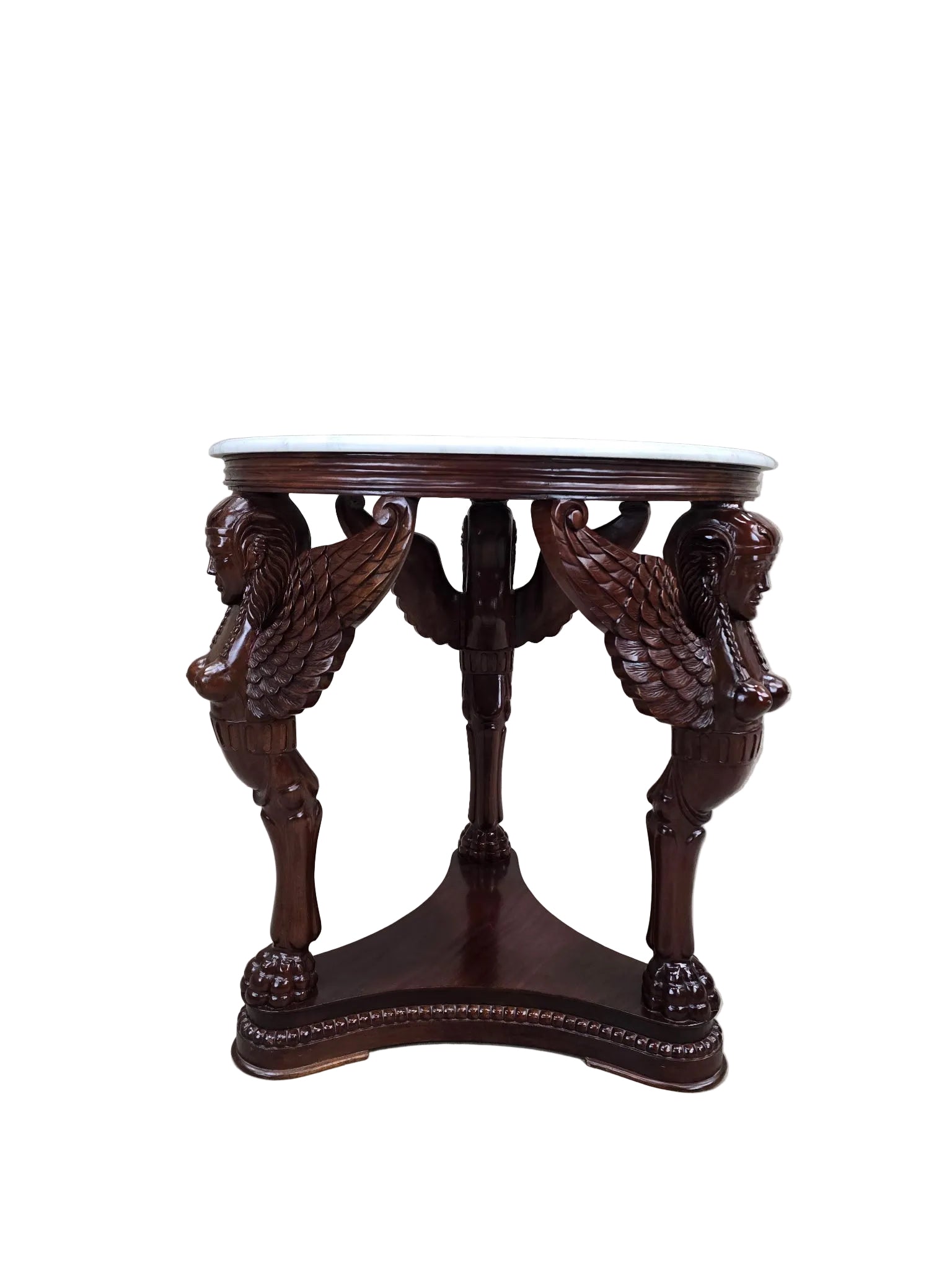 Vintage Indonesian Neoclassical Style Winged Caryatid Marble Top Center Table