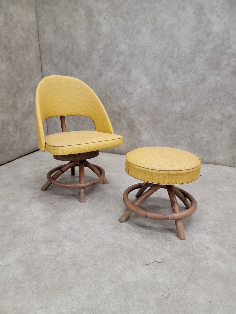 Mid Century Modern Saarinen Style Rattan Swivel Base Chair and Ottoman - 2 Piece Set