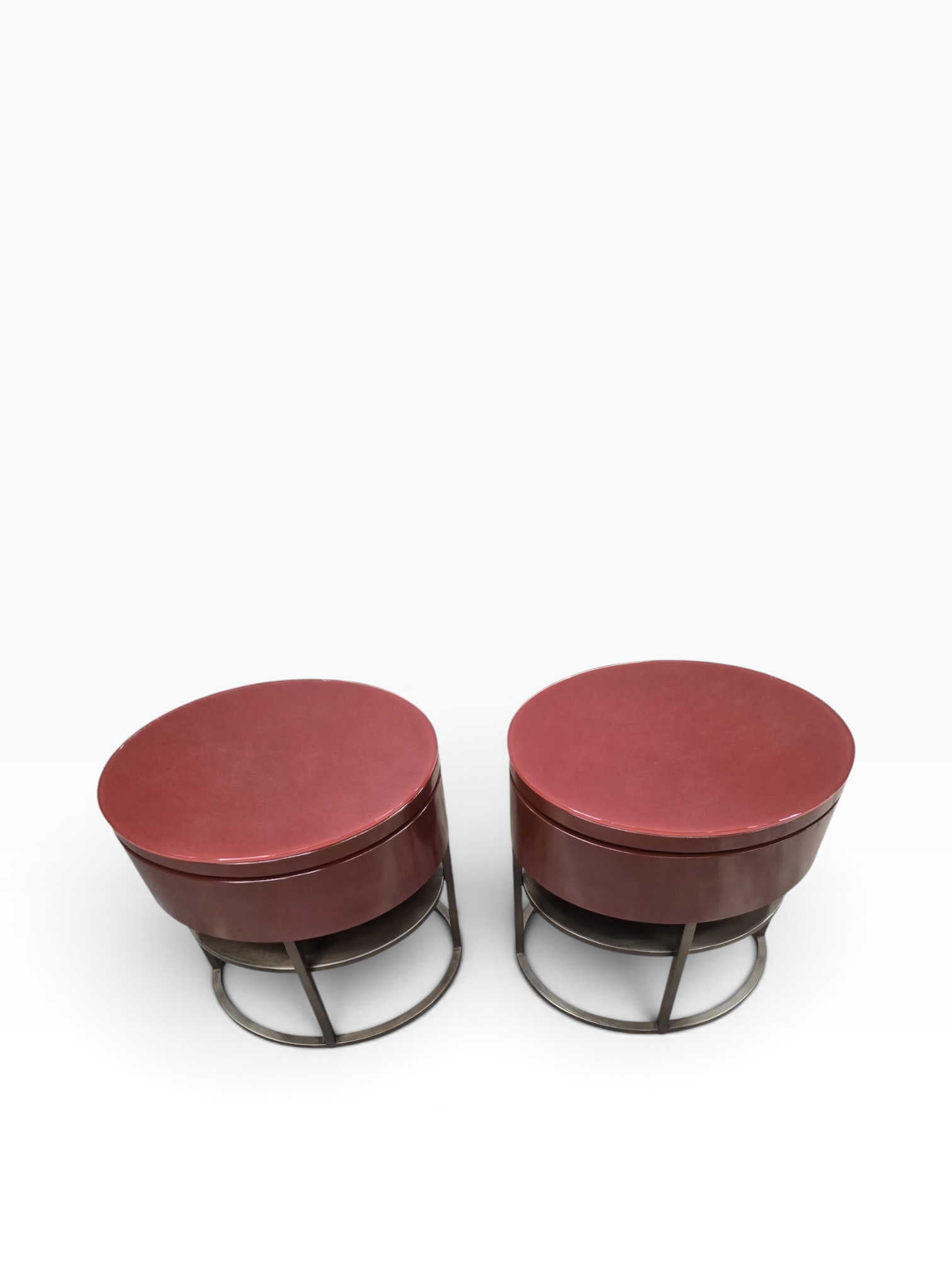 Samuelson Red Lacquered Oval Side Tables with Glass Tops & Brass Finish Stands – Pair