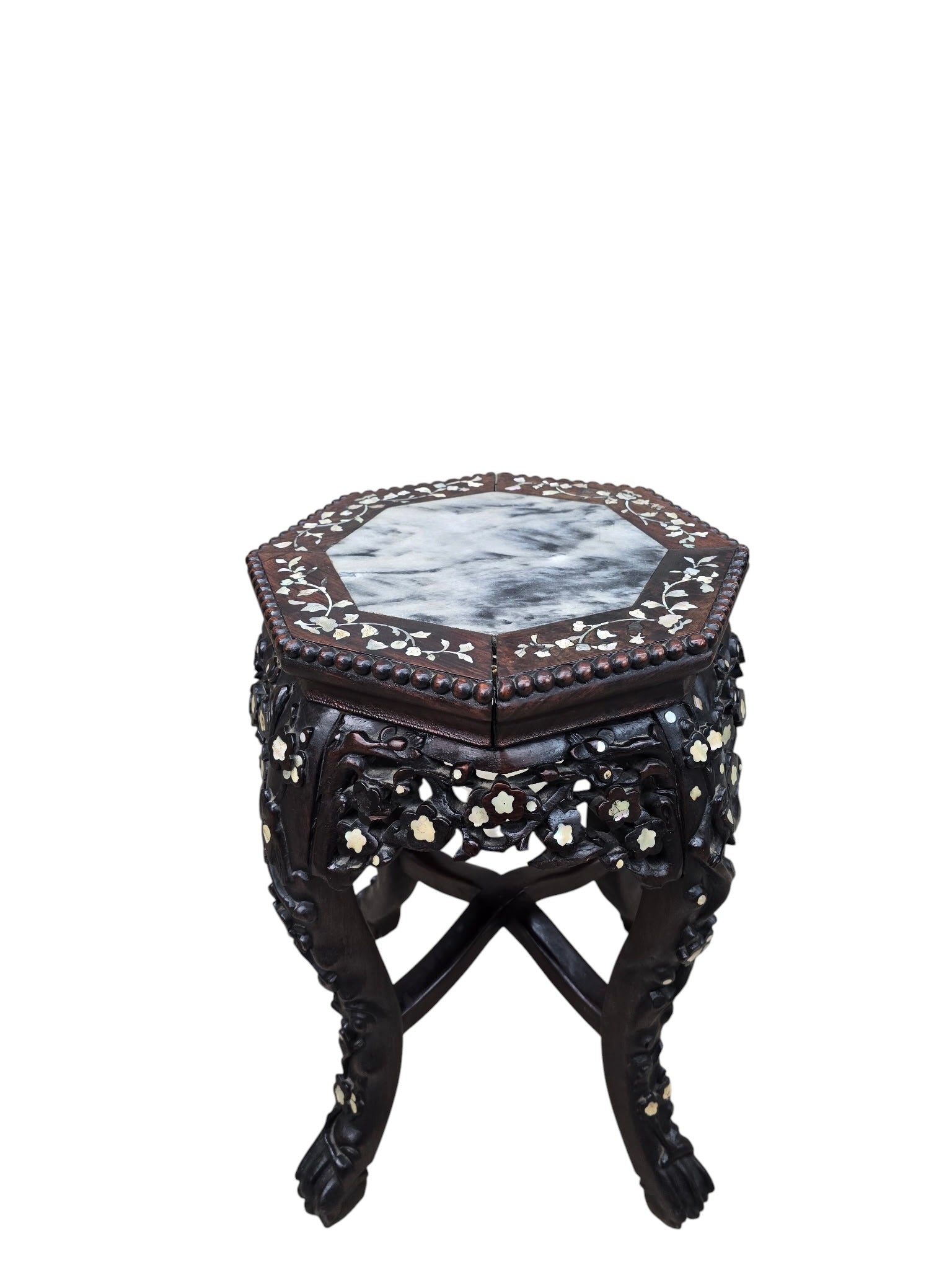 Antique Chinese Carved Hardwood Side Table with Marble Insert & Mother-of-Pearl Inlay