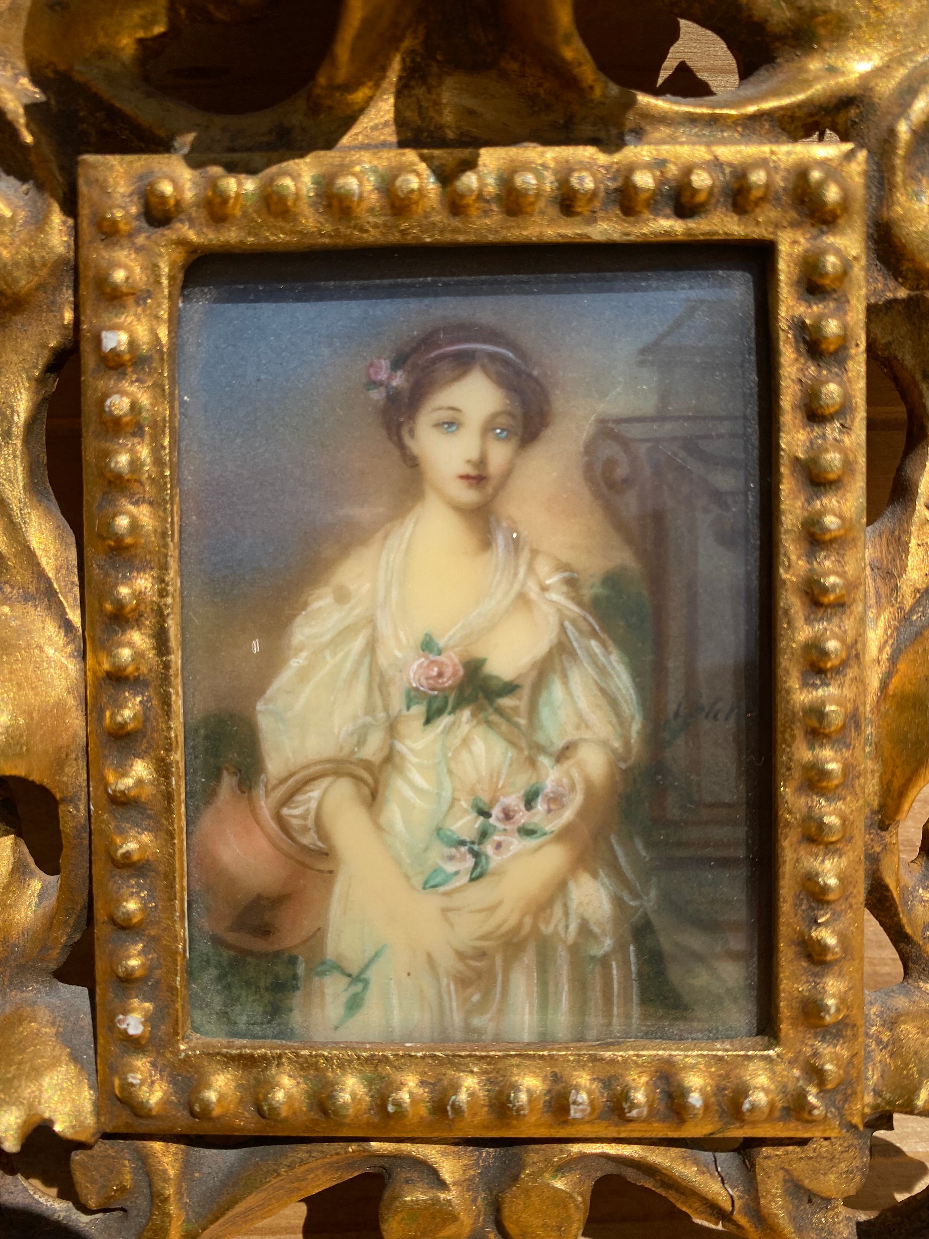 Antique Victorian Portrait on Hand-Painted Porcelain Plaque in a Carved Gilt Wood Frame - Set of 2