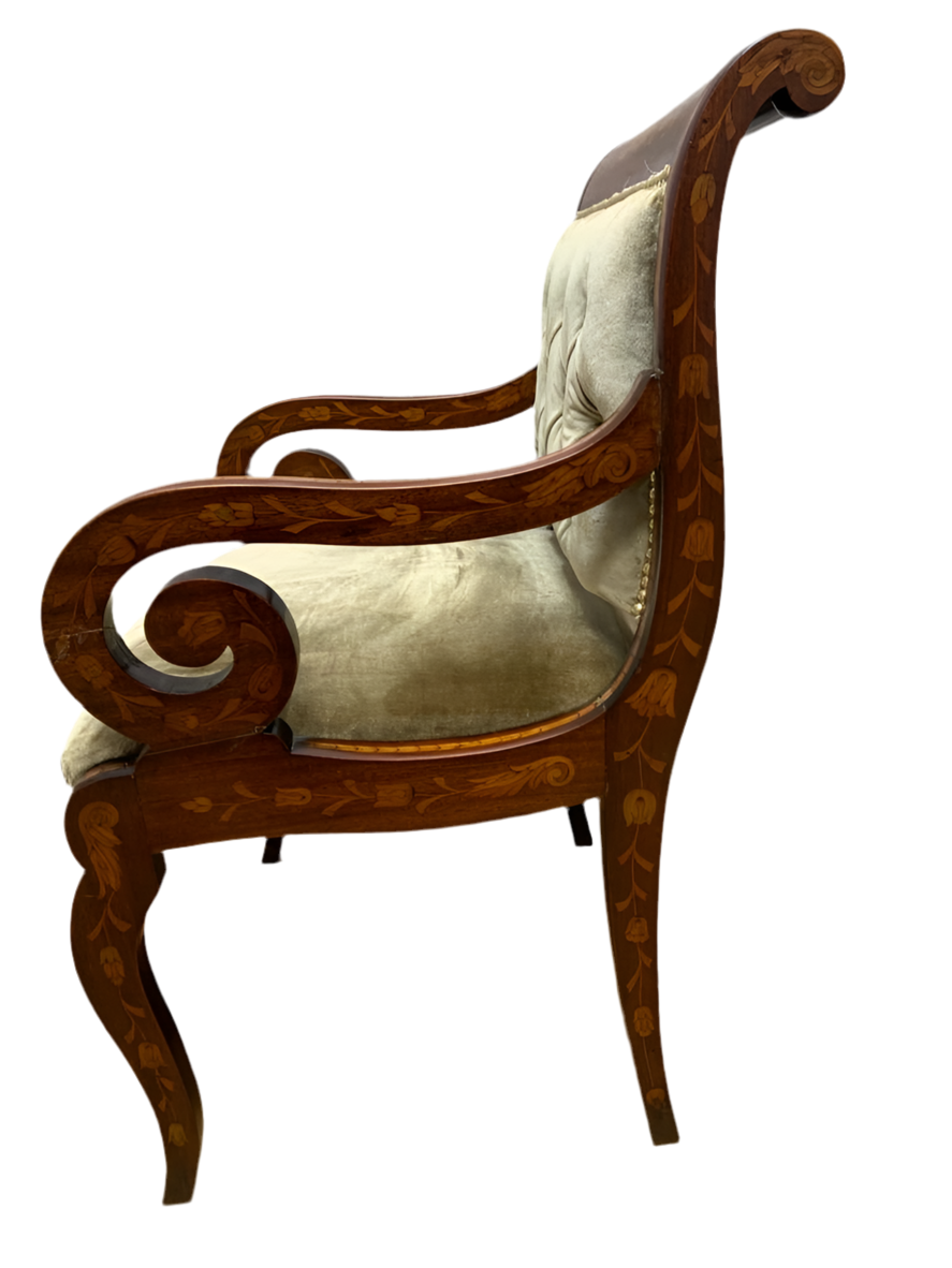Antique Neoclassical Inlaid Scroll Arm Armchair Desk Chair Newly Reupholstered in Gold Velvet