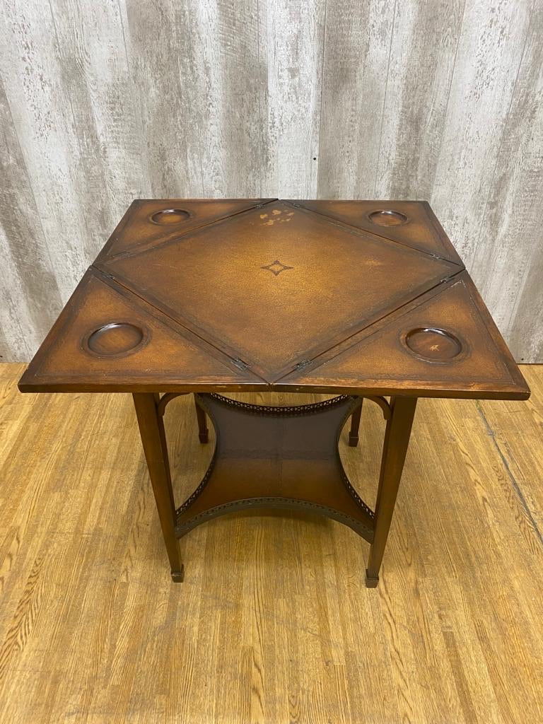 Antique Carved Mahogany and Tooled Leather Napkin Folding Table and 2 Matching Chairs - 3 Pieces