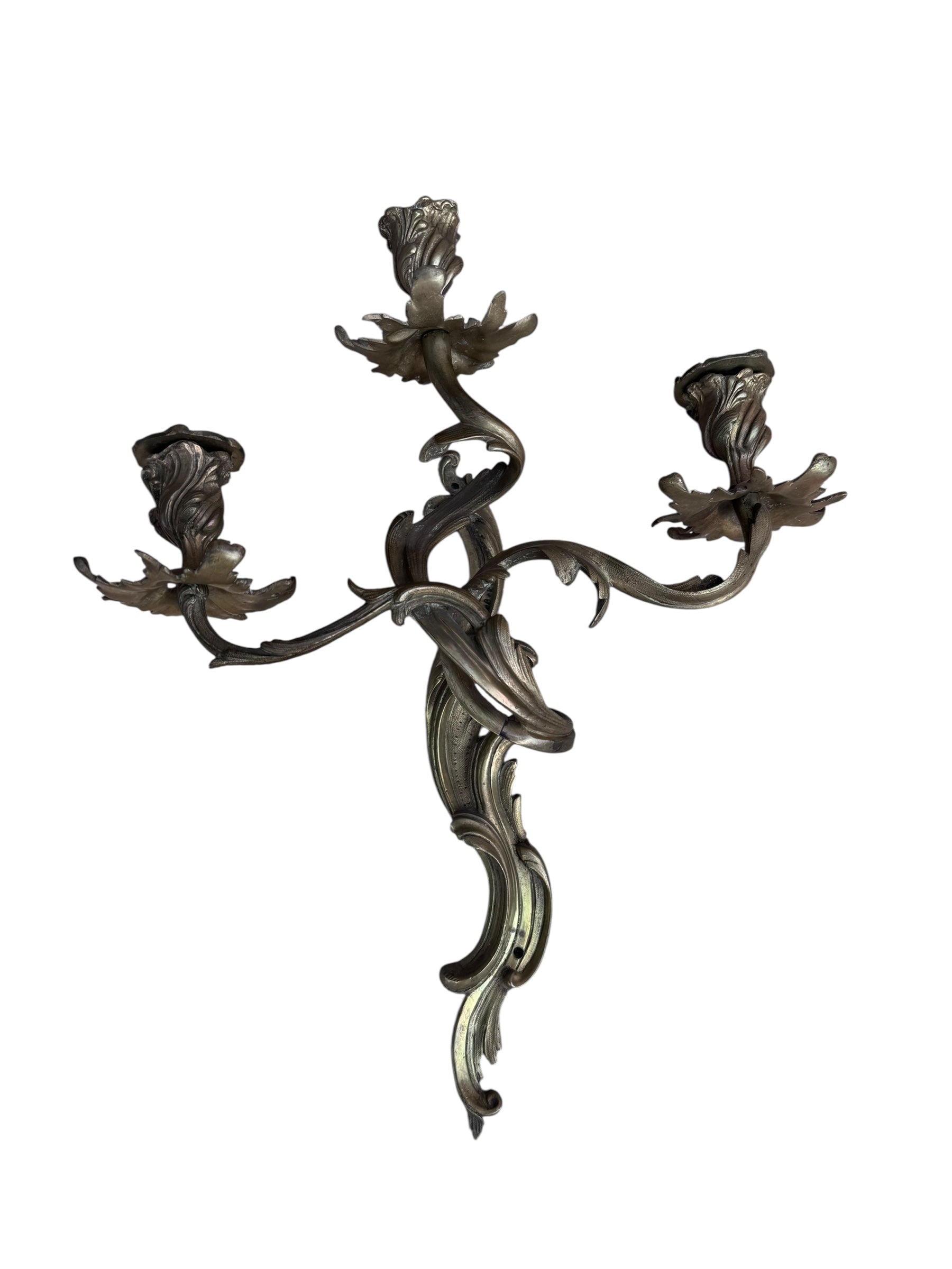 Antique French Louis XV Style Three Light Bronze Wall Candle Sconces - Pair