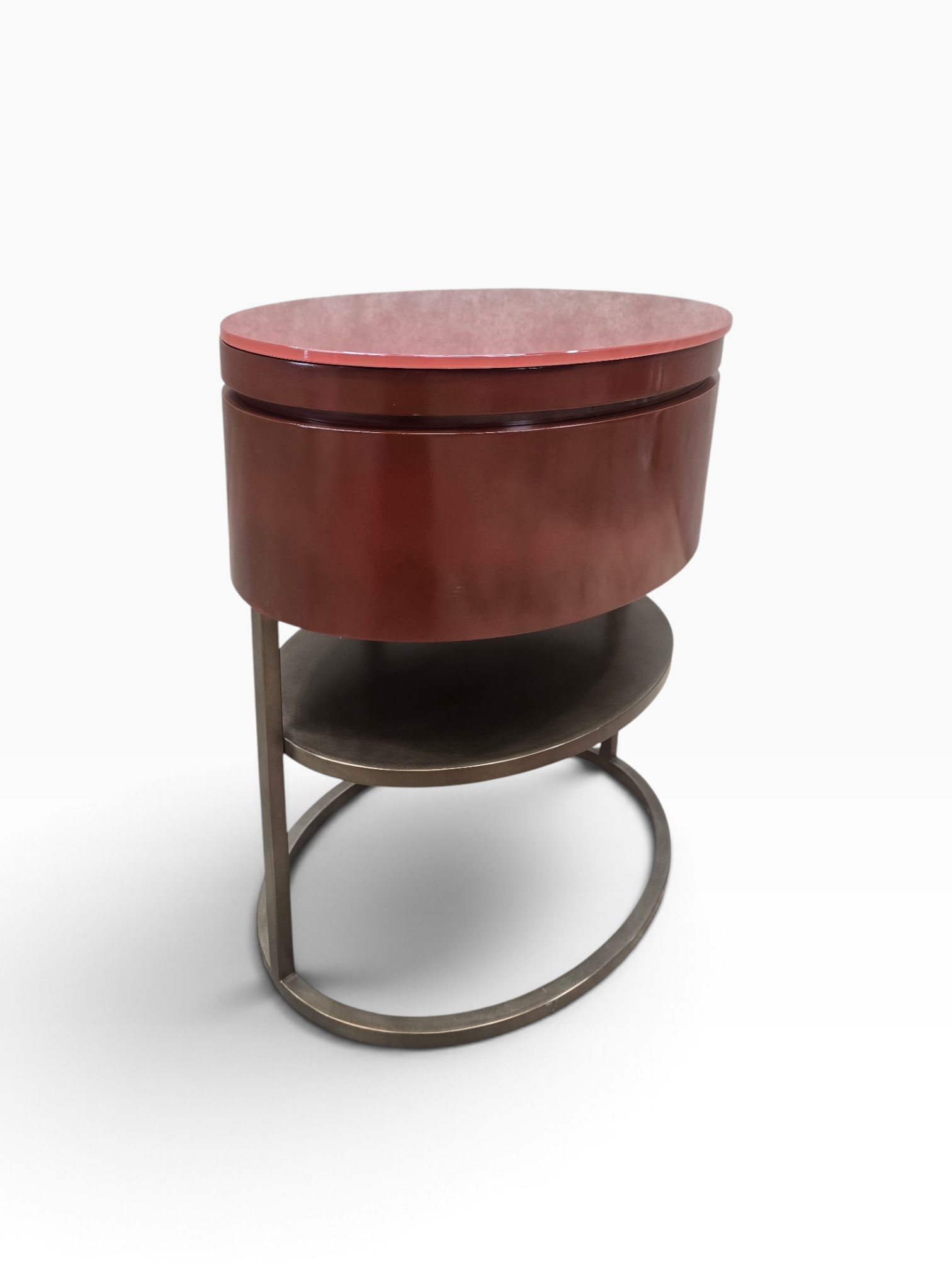 Samuelson Red Lacquered Oval Side Tables with Glass Tops & Brass Finish Stands – Pair